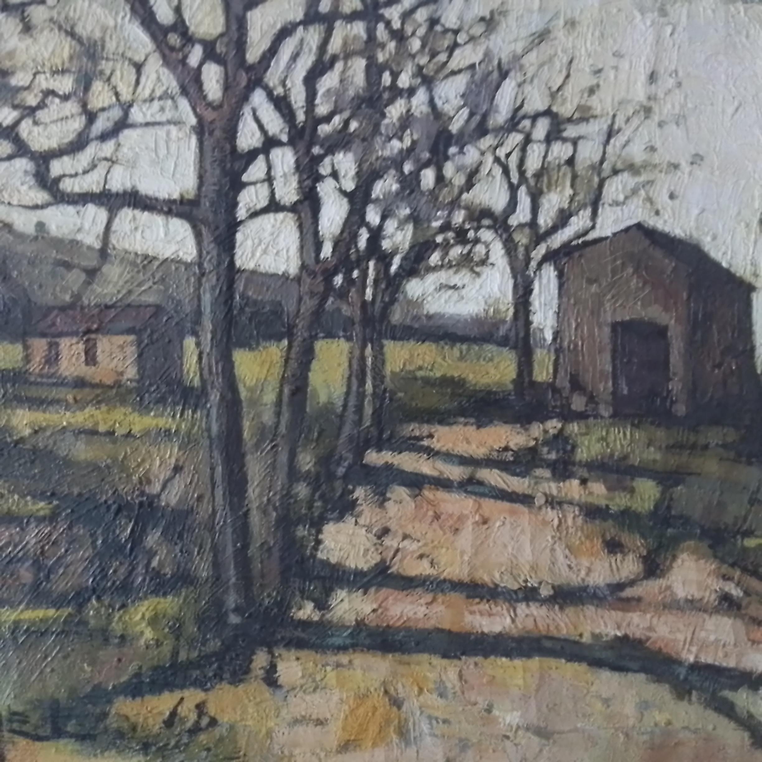 Arte vintage - casa de campo francesa. Paisaje con casas. O/C, firmado - Landscape Painting Marrón de Jacques Pergel