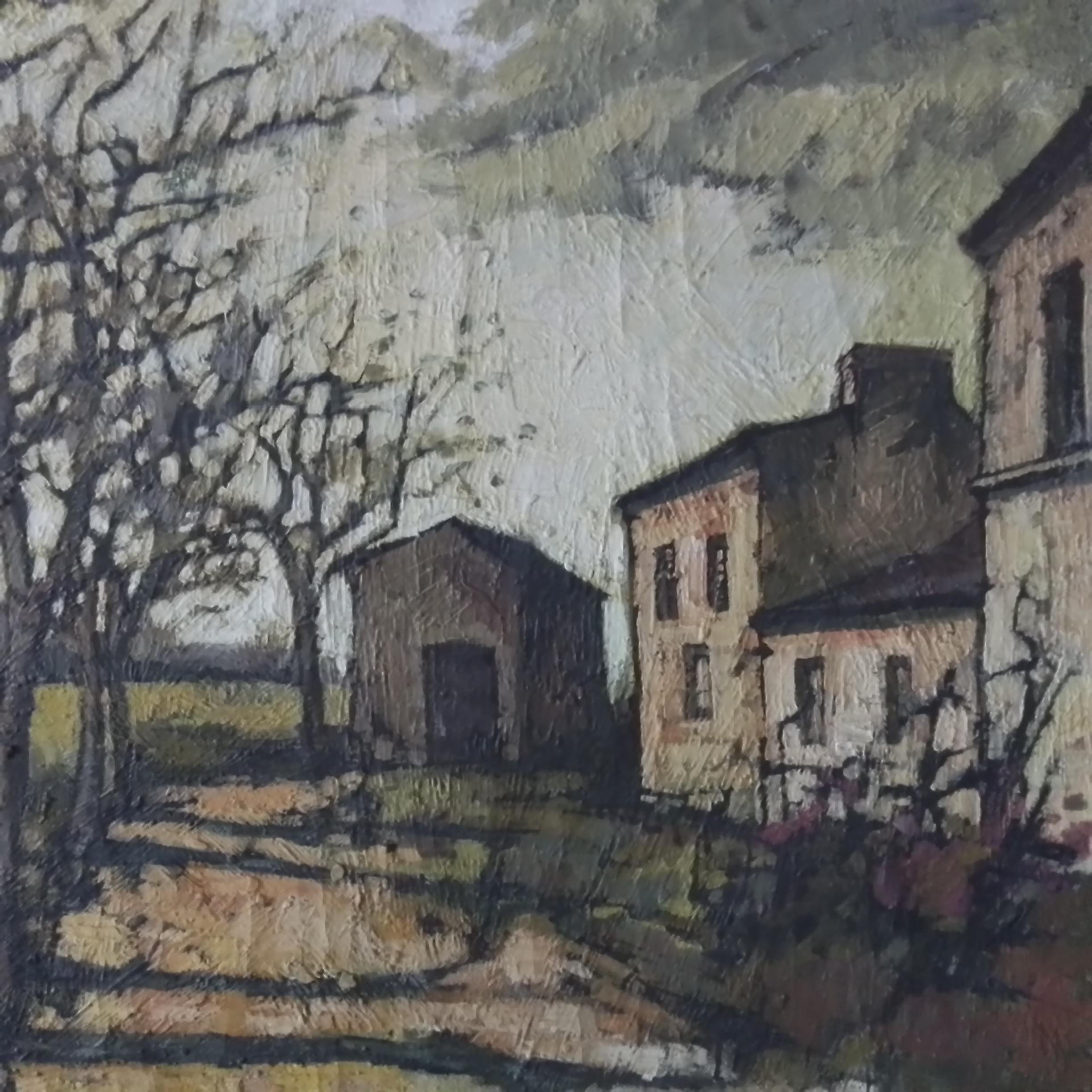 Arte vintage - casa de campo francesa. Paisaje con casas. O/C, firmado en venta 1