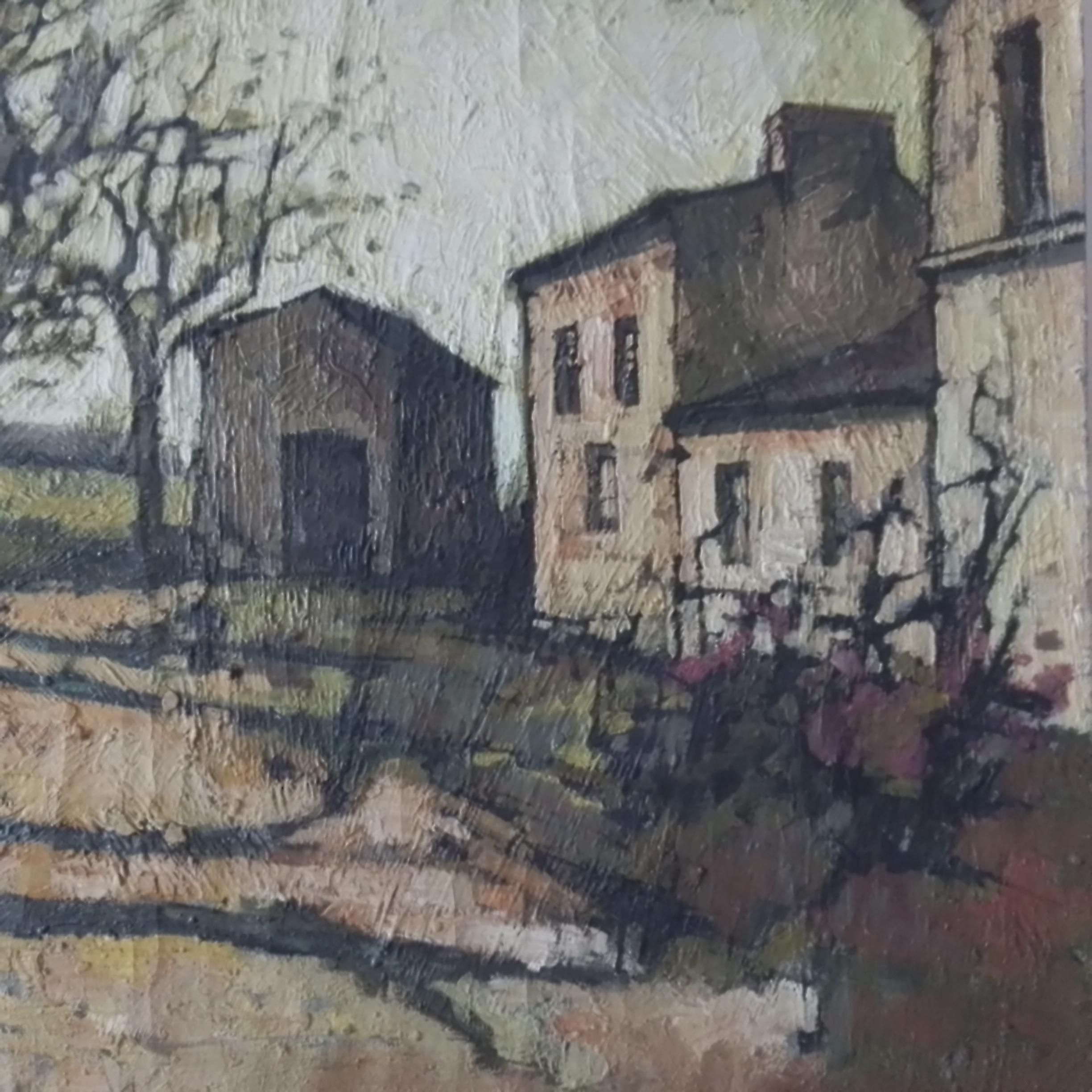 Arte vintage - casa de campo francesa. Paisaje con casas. O/C, firmado en venta 2