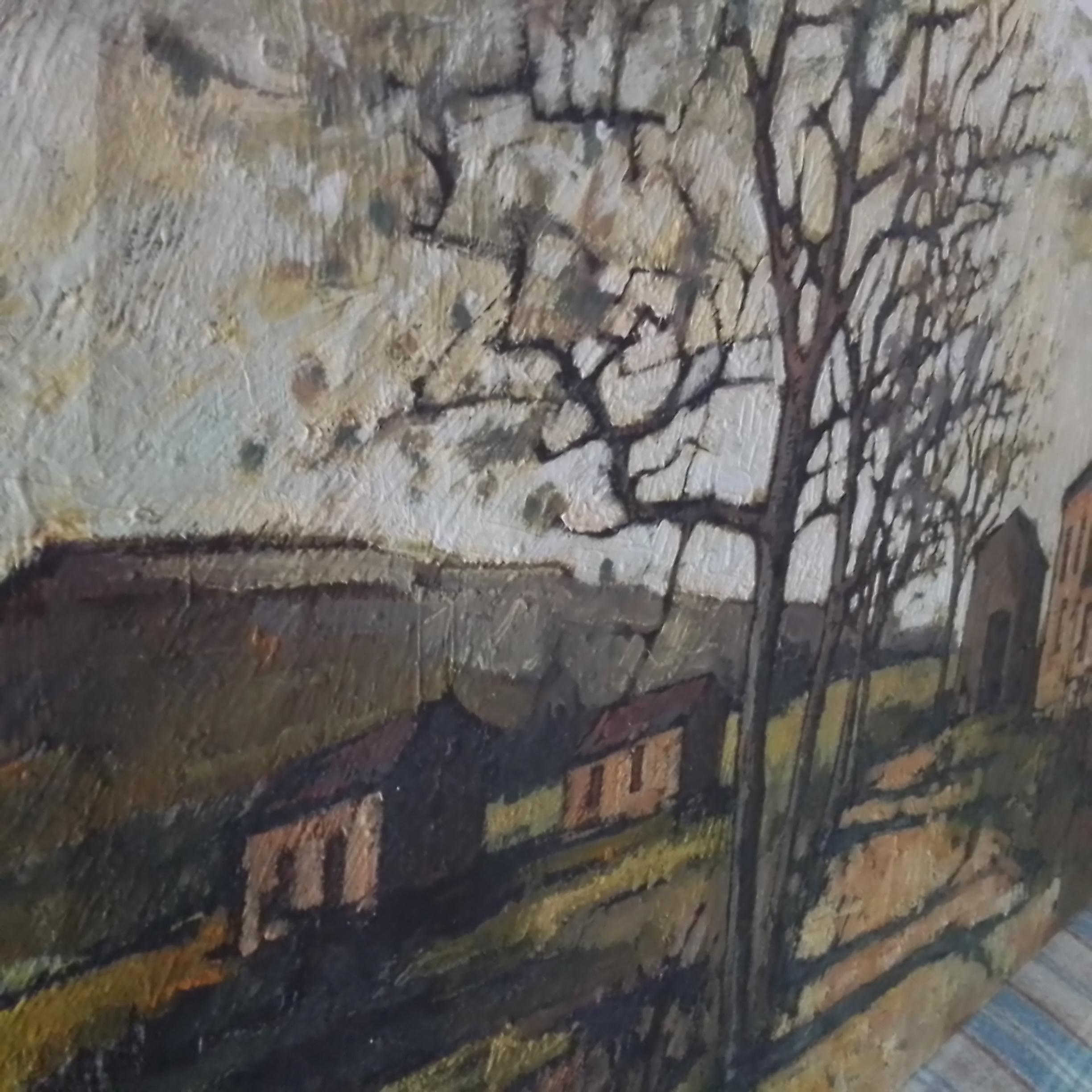 Arte vintage - casa de campo francesa. Paisaje con casas. O/C, firmado en venta 3