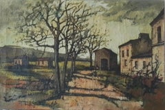 Vintage-Kunst – Französisches Landhaus. Landschaft mit Häusern. O/C, unterzeichnet