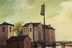 „Dorf am Wasser“, signiertes Ölgemälde mit französischer Landschaft von Jacques Pergel