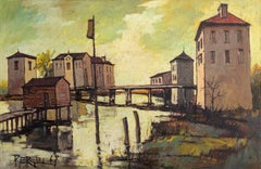 „Dorf am Wasser“, signiertes Ölgemälde mit französischer Landschaft von Jacques Pergel