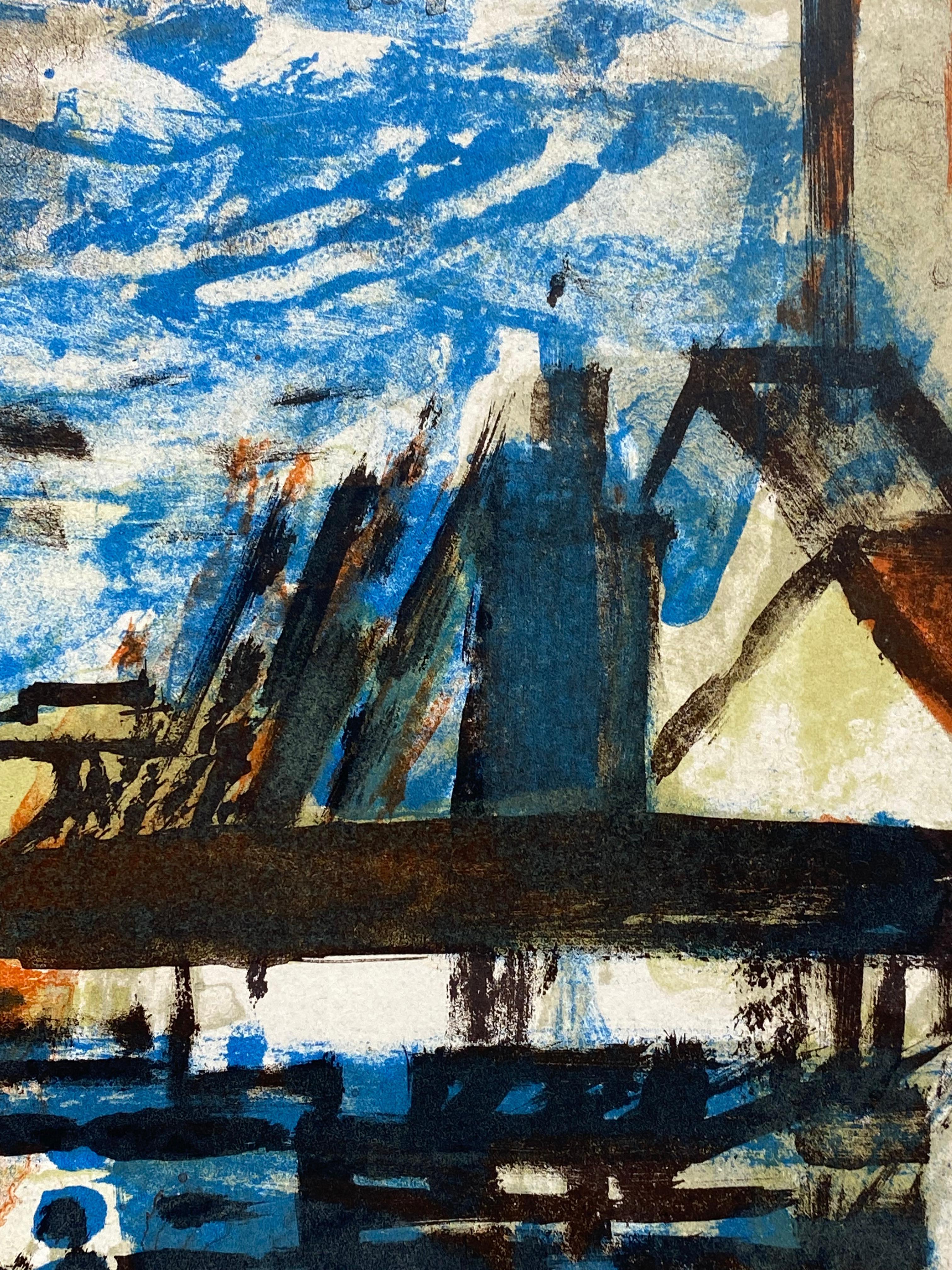 Jacques Petit Litografía modernista de un puerto francés, 1961 en venta 7