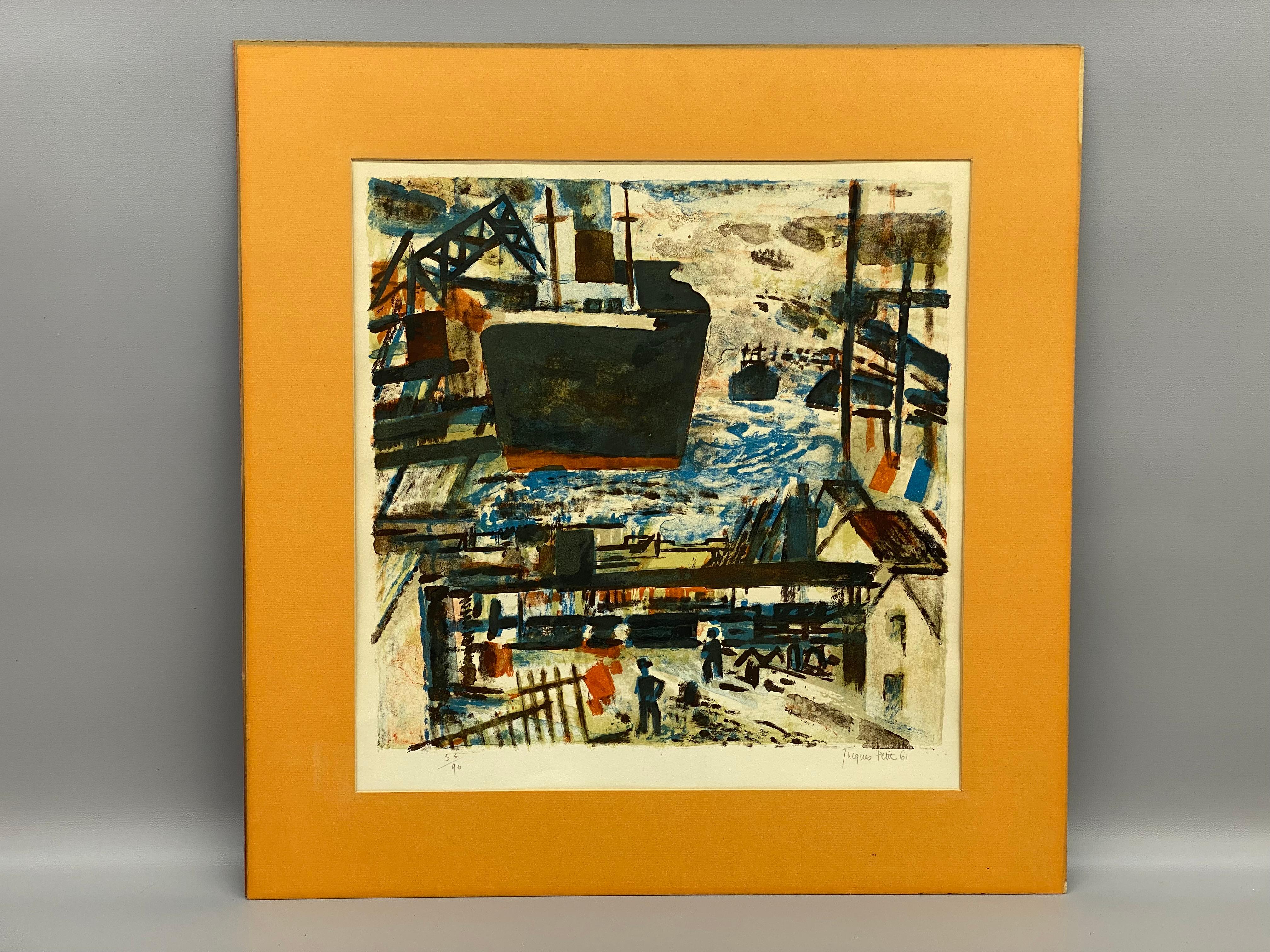 Litografía portuaria modernista firmada y numerada de Jacques Petit (1925-?), hacia 1961. Edición firmada a lápiz, fechada y numerada en el margen inferior, 53/90. Petit ha representado una ajetreada escena portuaria con largos hombres de la costa