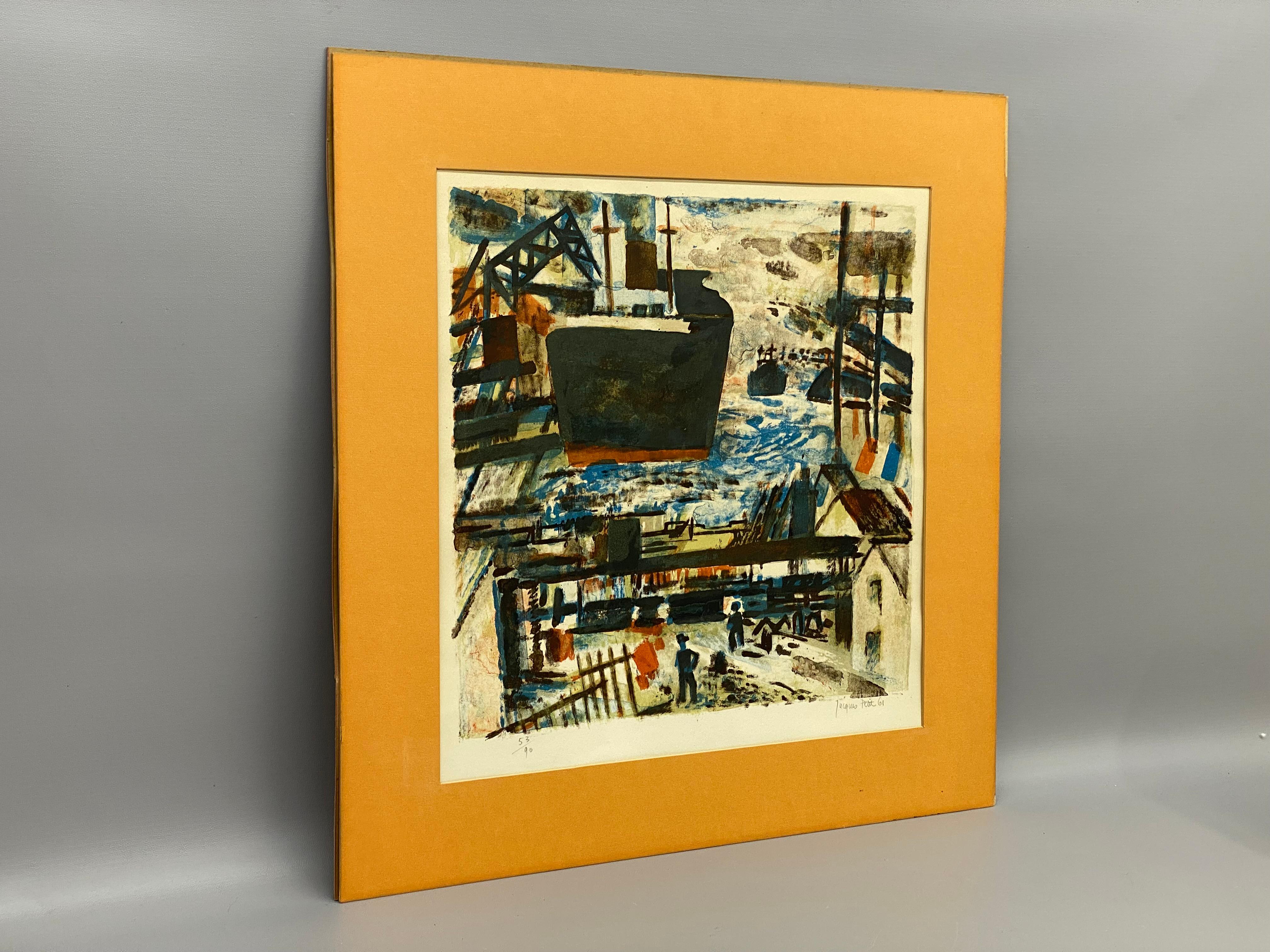 Jacques Petit Litografía modernista de un puerto francés, 1961 Moderno de mediados de siglo en venta