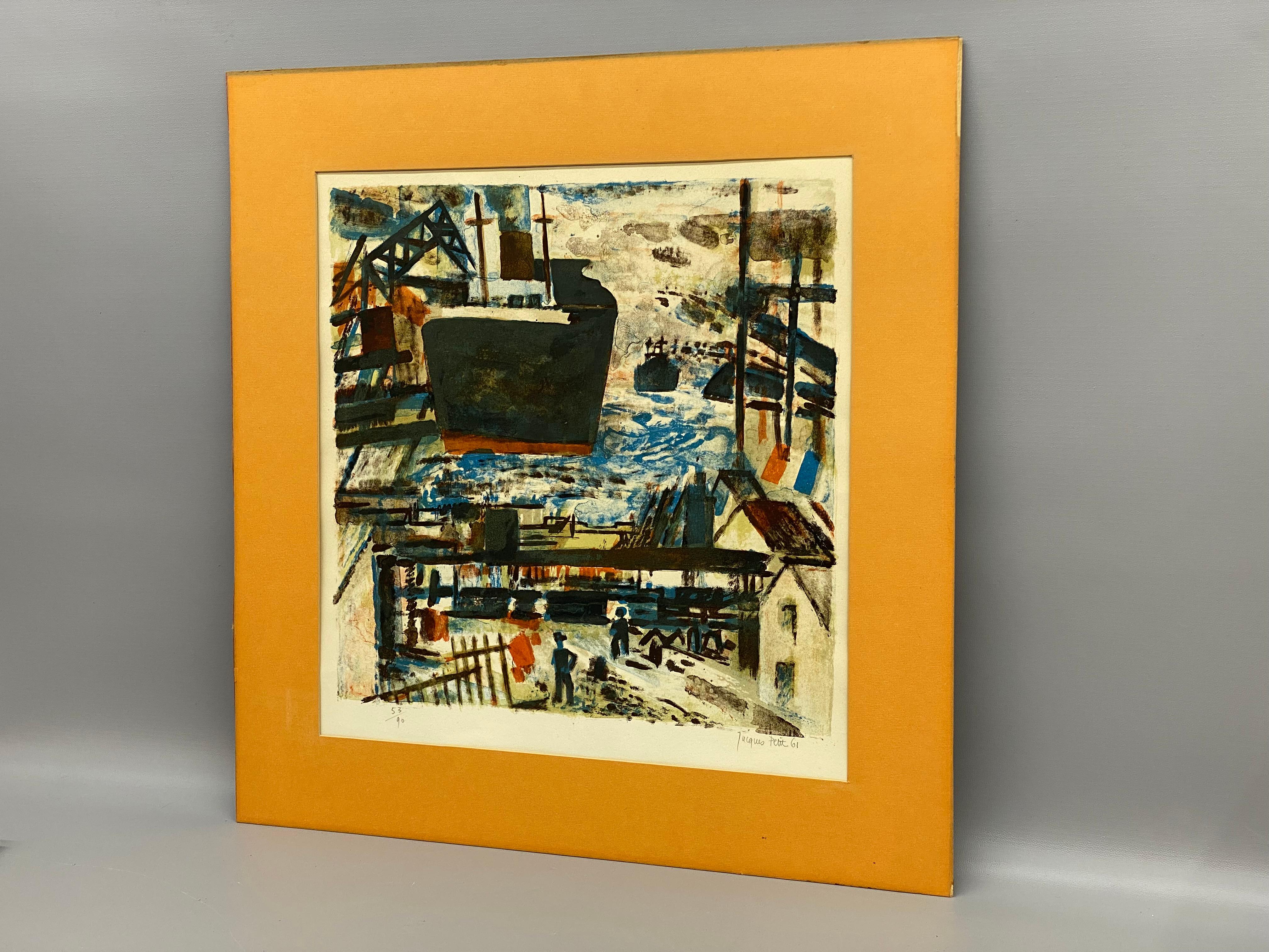 Jacques Petit Litografía modernista de un puerto francés, 1961 Francés en venta