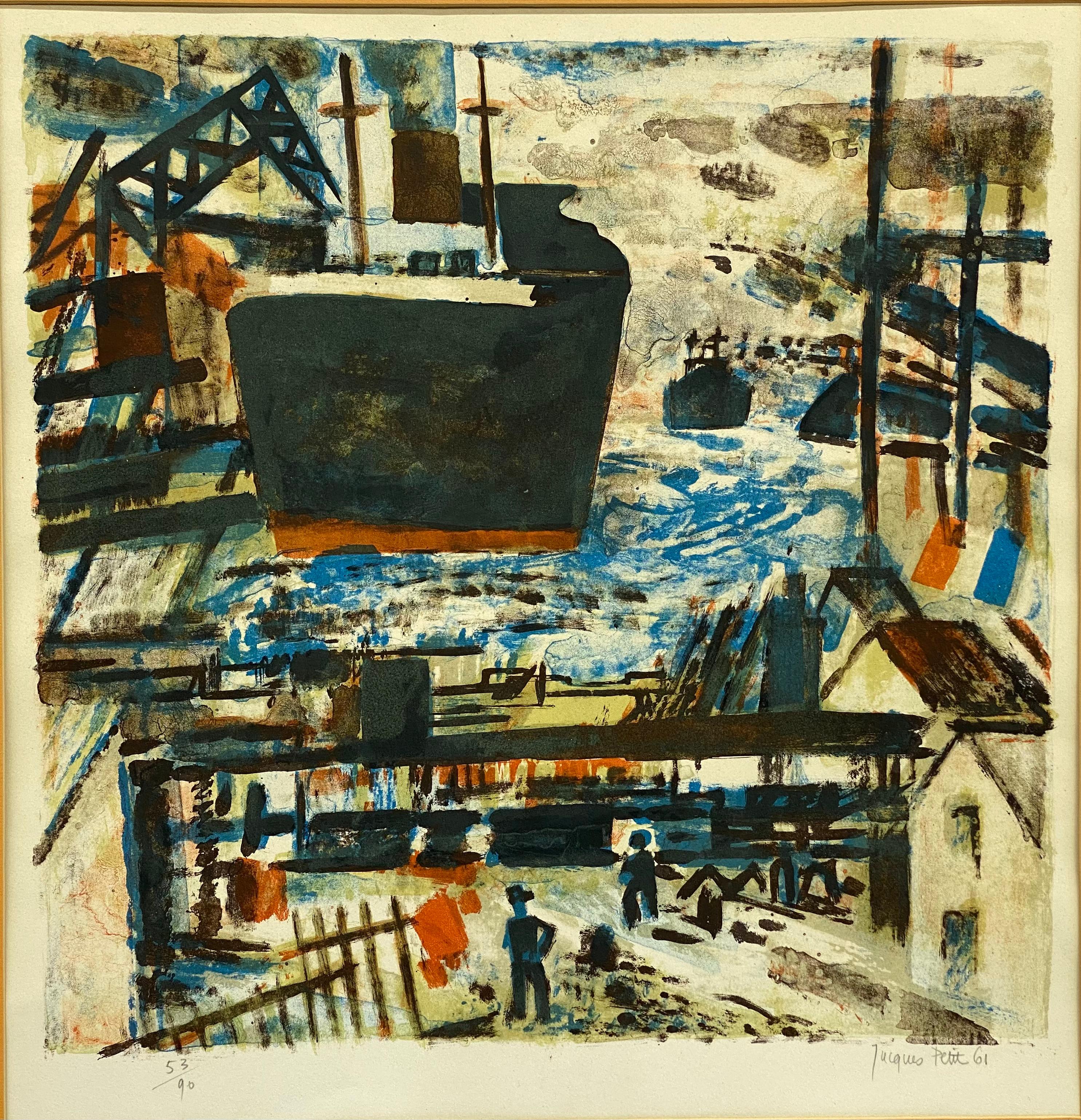 Jacques Petit Litografía modernista de un puerto francés, 1961 en Bueno estado para la venta en Garnerville, NY