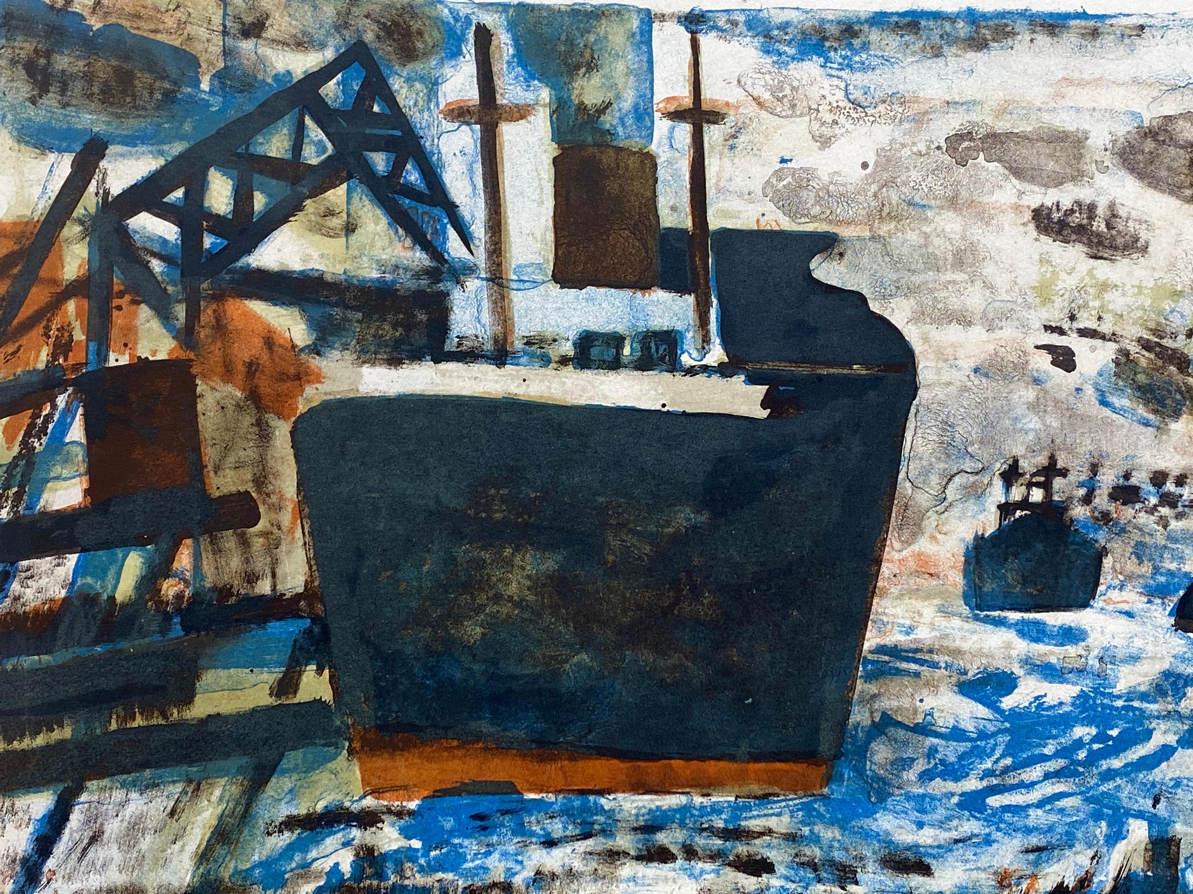 Jacques Petit Litografía modernista de un puerto francés, 1961 en venta 1