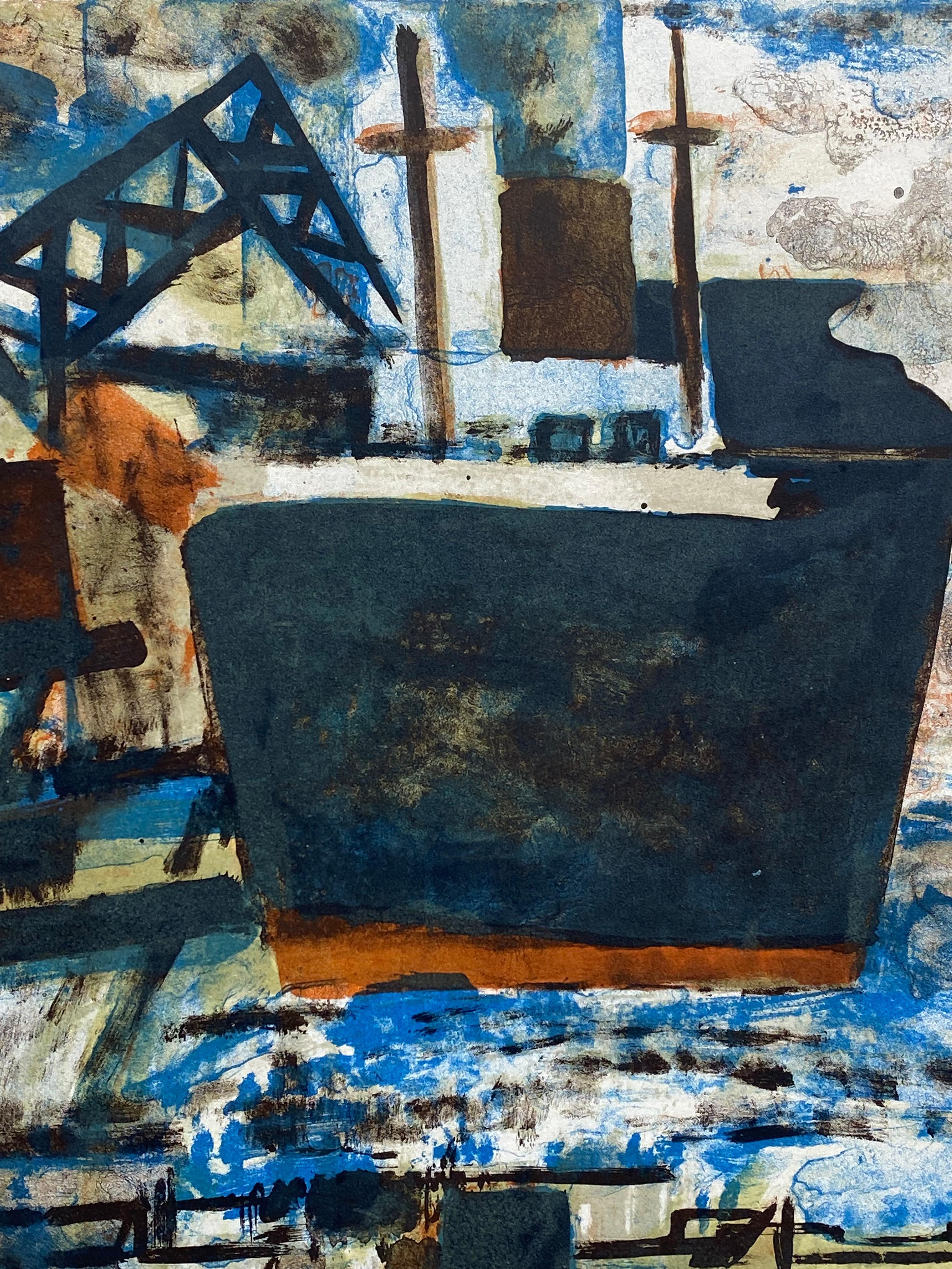 Jacques Petit Litografía modernista de un puerto francés, 1961 en venta 2