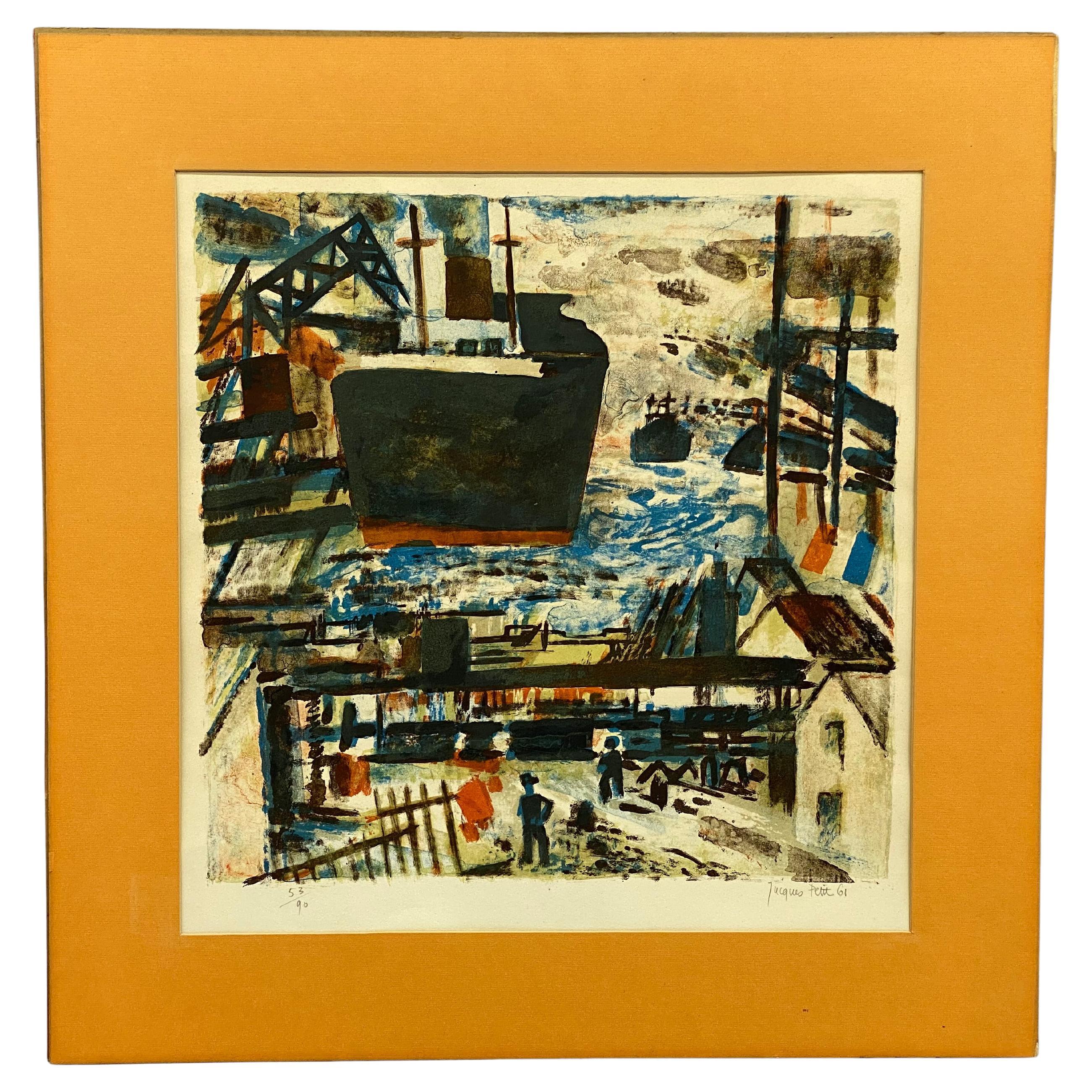 Jacques Petit Modernist French Harbour Lithograph, 1961