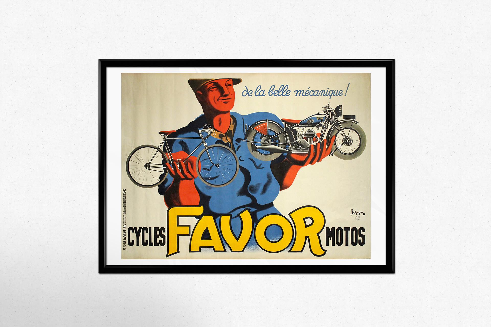 This bold and beautifully composed 1937 poster for Cycles Favor Motos is a triumphant celebration of French mechanical excellence. Created by the talented duo Pierre and Jacques Bellenger, it promotes the dual prowess of Favor: a brand equally at