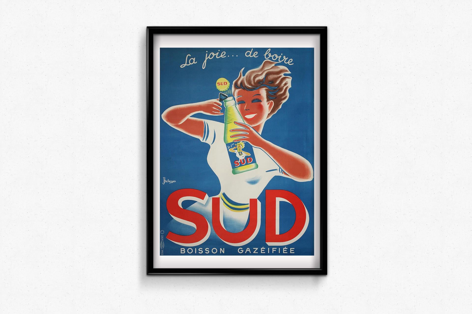 This vibrant original poster from circa 1945, designed by the talented duo Pierre & Jacques Bellenger, radiates the effervescence and optimism of post-war France. Advertising the refreshing soft drink “SUD” the composition centers around a jubilant