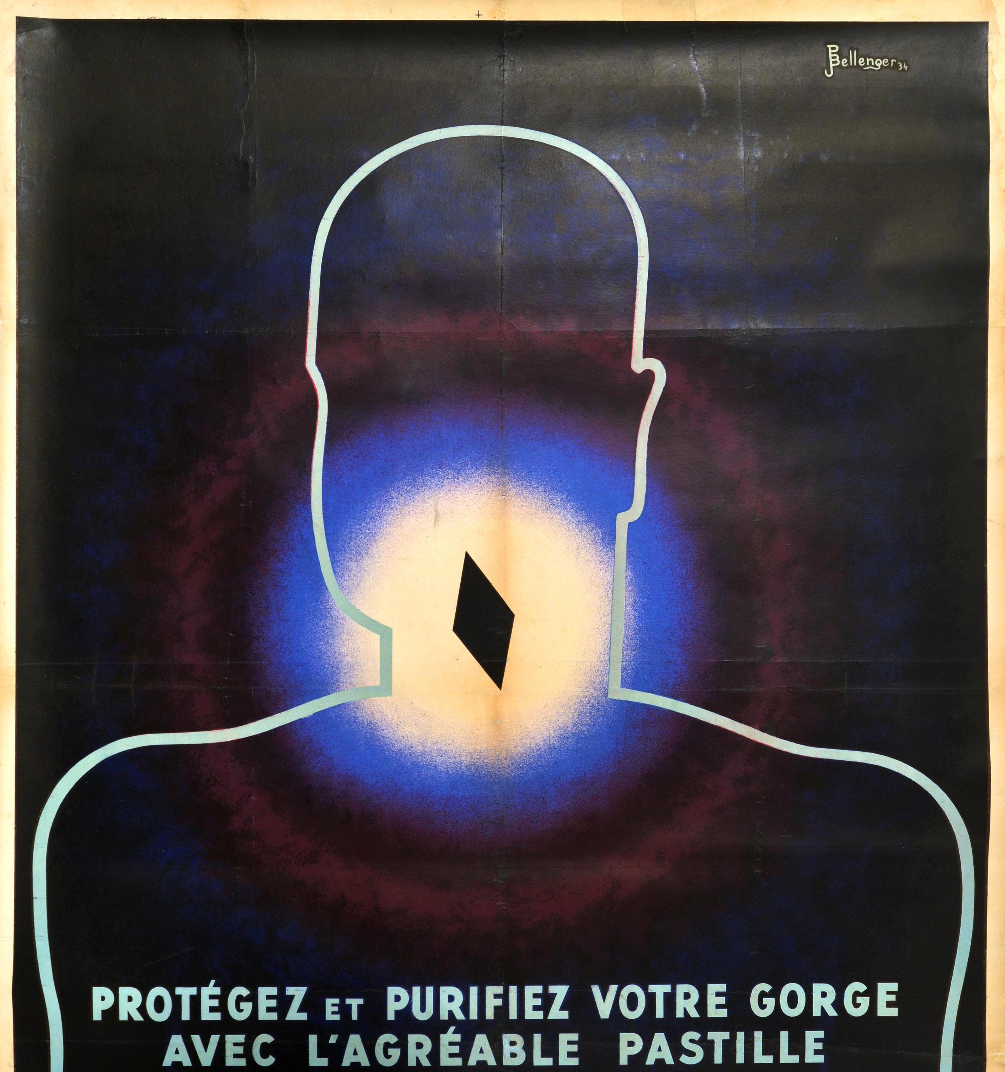 Poster originale d'epoca sui farmaci per la salute Wybert Art Deco, disegno di una pastiglia per la gola - Print Nero di Pierre and Jacques Bellenger