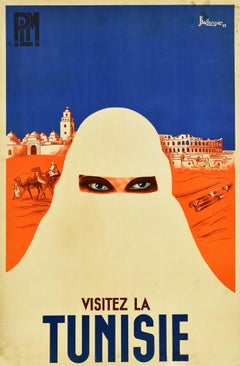 Original Vintage PLM Railway Travel Poster Tunisie Tunisia Africa Art Deco