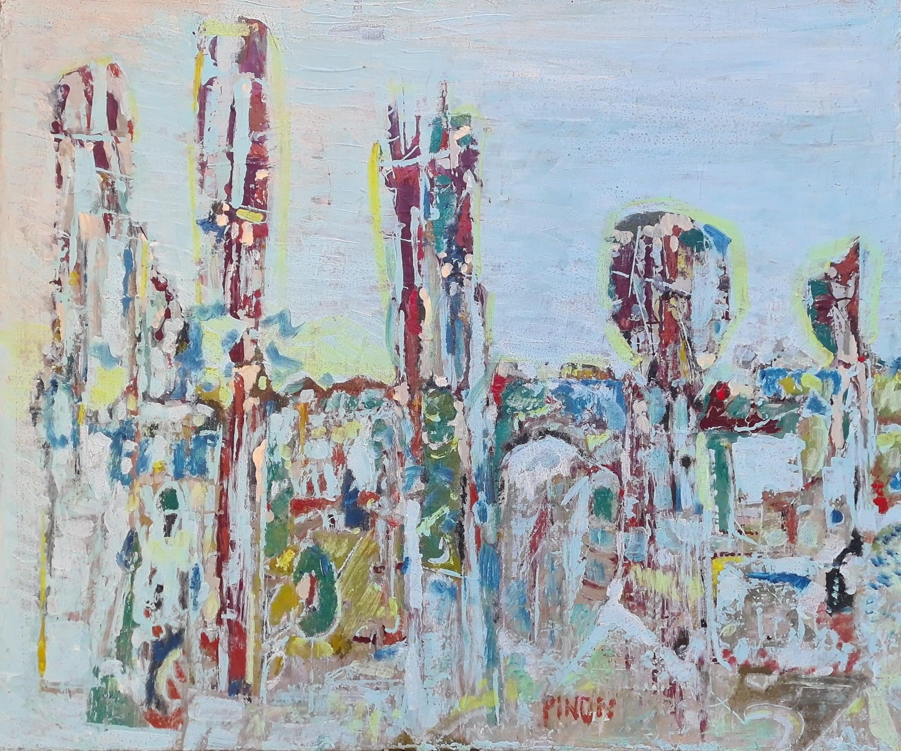 Composition rouge et bleue, motif urbain expressionniste abstrait français - Painting de Jacques Pinon