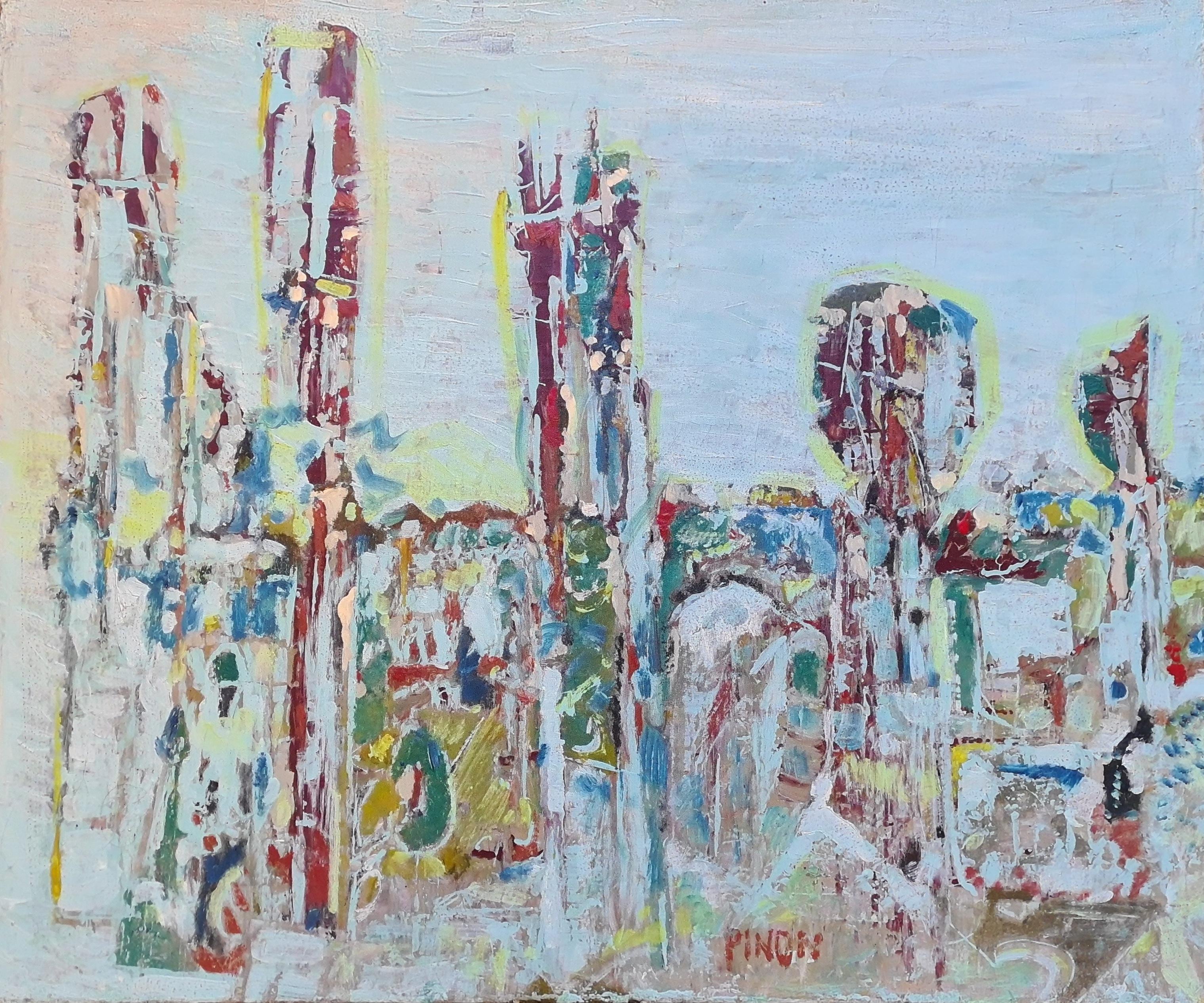 Composition in Red and Blue, French Abstract Expressionist City Scape - Painting by Jacques Pinon