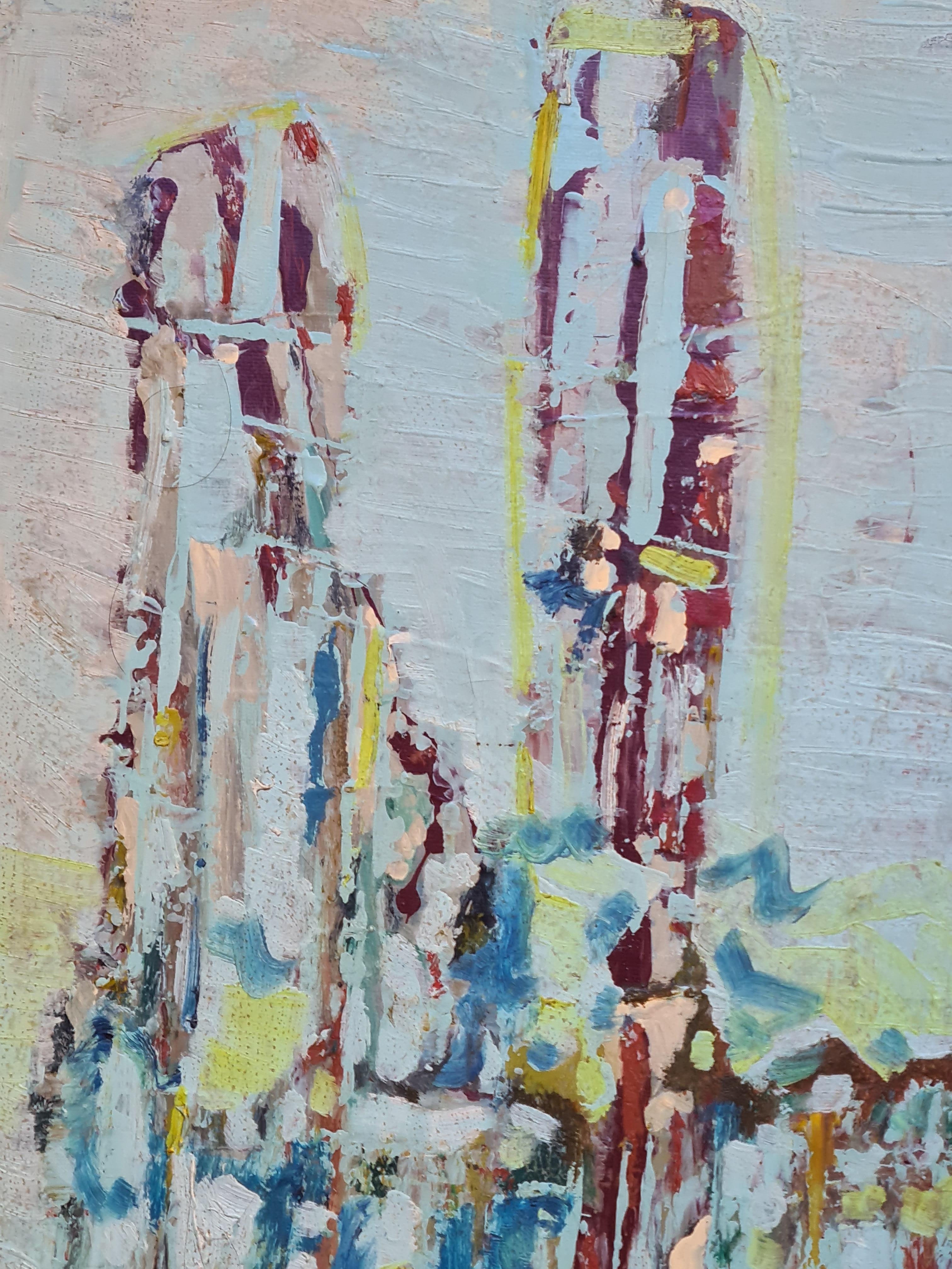Expressionniste abstrait français du milieu du 20e siècle, huile sur toile d'un paysage urbain par Jacques Pinon. Le tableau est signé en bas à droite.

Variously s'est fait remarquer en tant qu'artiste dans divers domaines, y compris le vitrail.