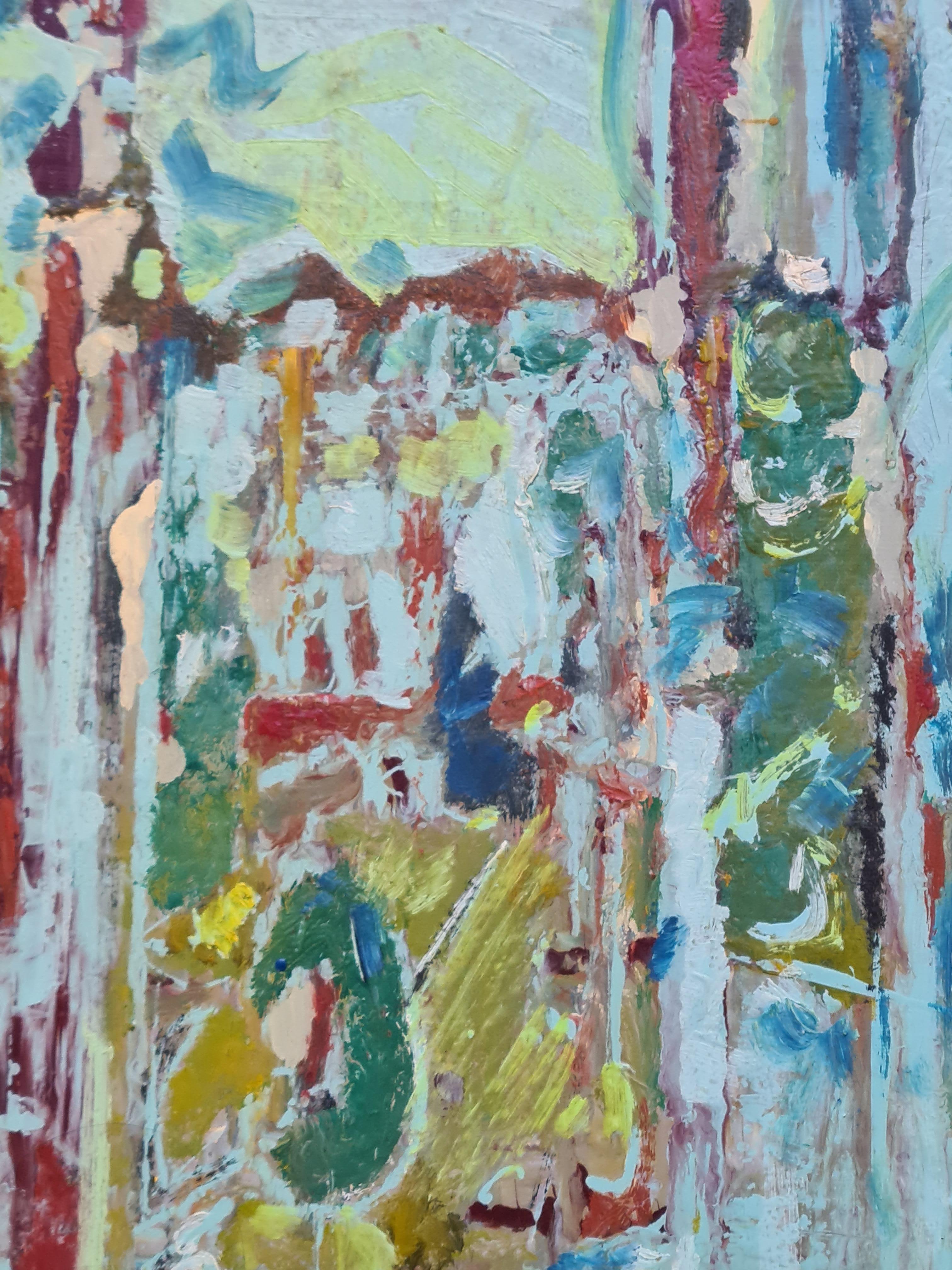 Mid 20th Century French Abstract Expressionist oil on canvas of a landscape city view by Jacques Pinon. The painting is signed bottom right.

Pinon was noted as an artist in various mediums including stained glass. His appreciation of colours and