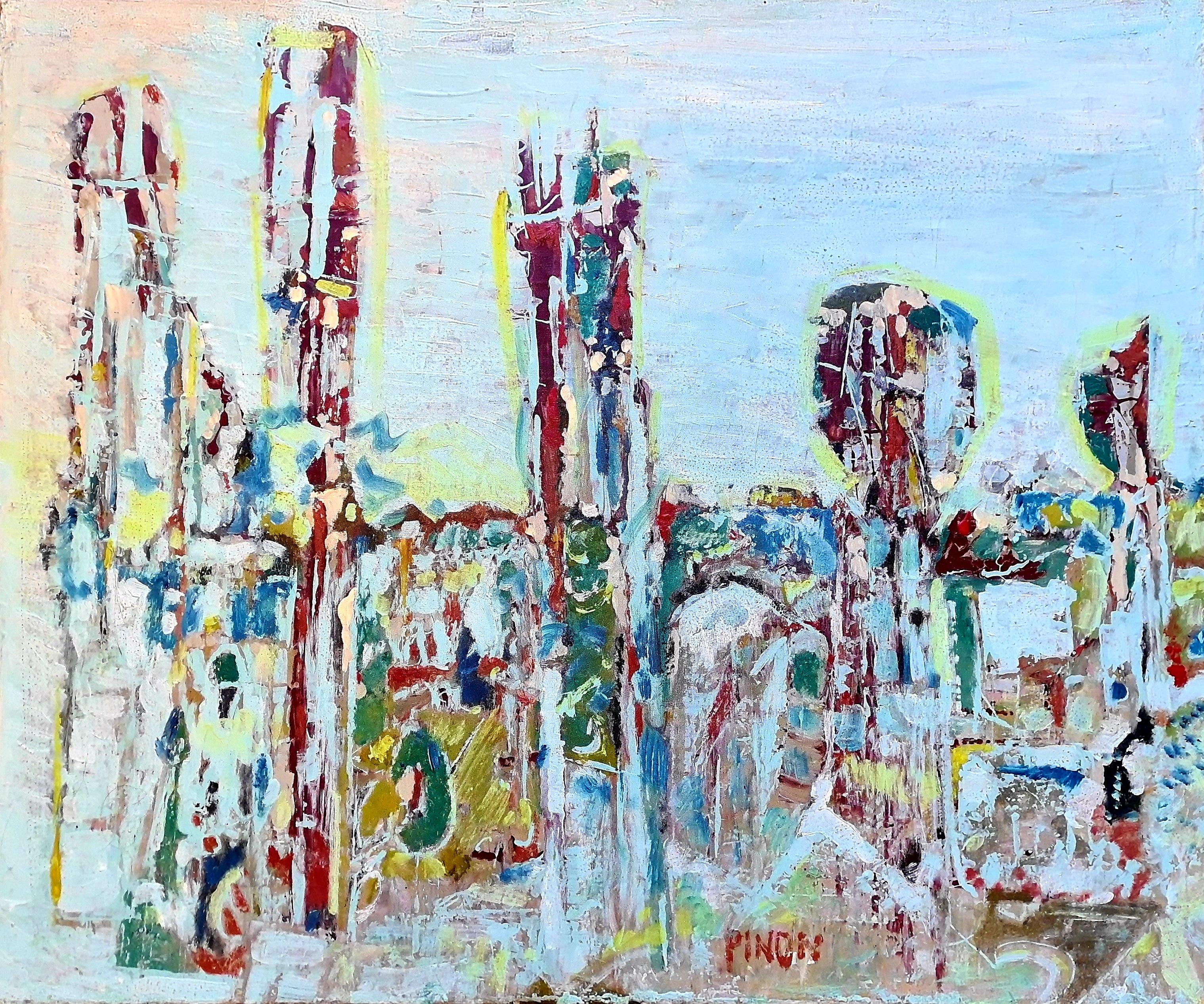 Jacques Pinon Abstract Painting - Composition in Red and Blue, French Abstract Expressionist City Scape