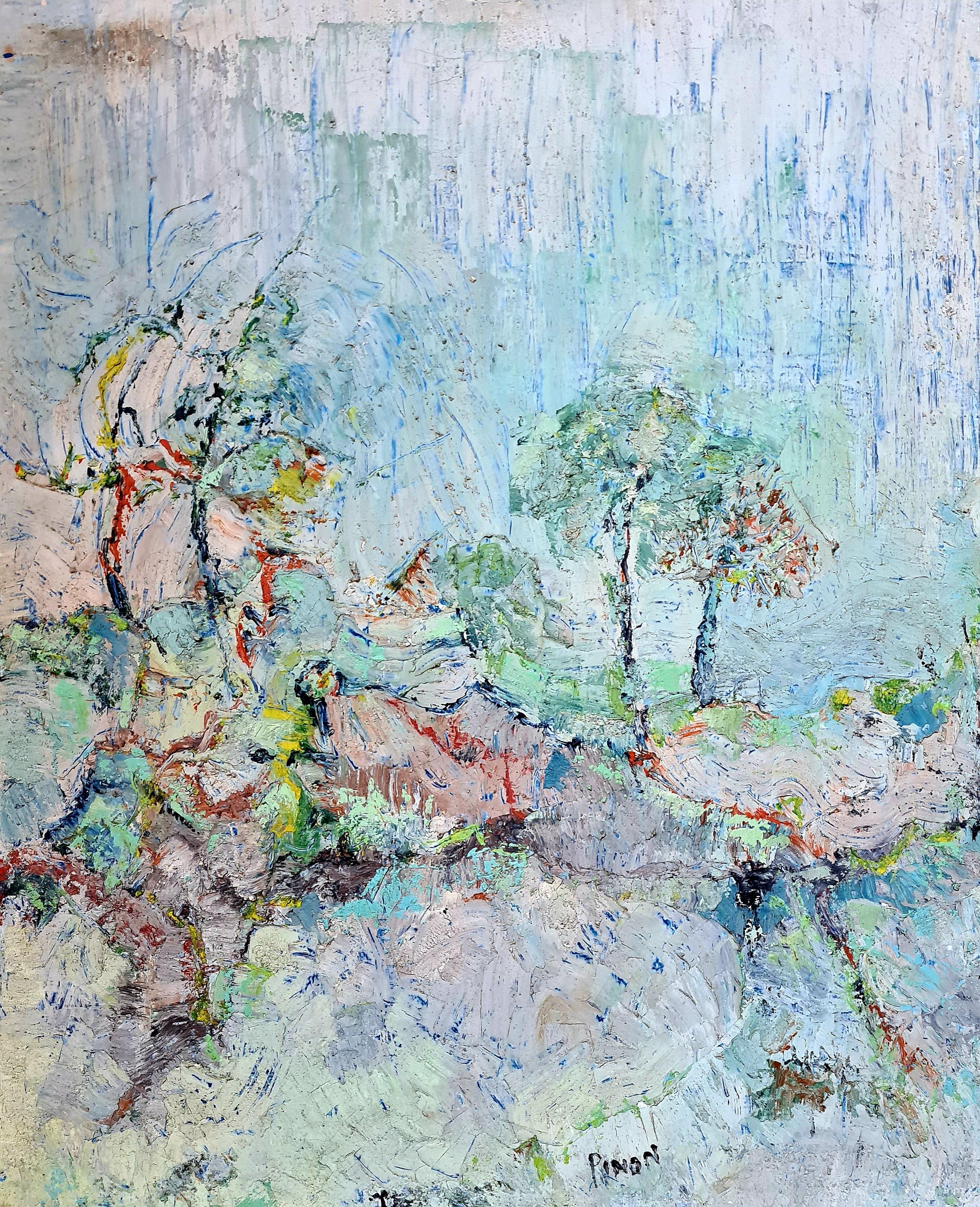 Paesaggio francese di primavera, olio su tela ad impronta espressionista. - Painting di Jacques Pinon