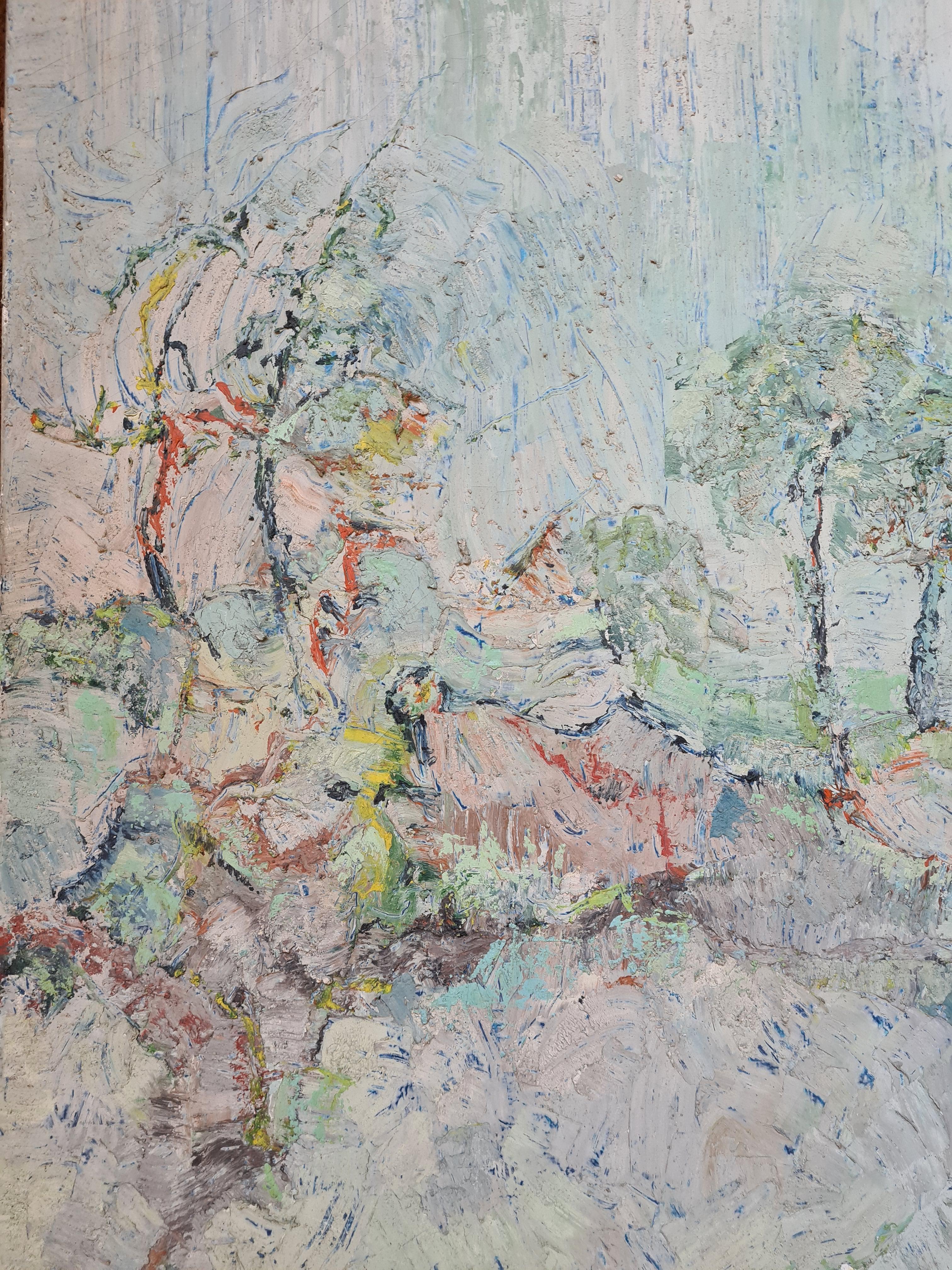  Französische Frühlingslandschaft, expressionistische Impasto-Ölgemälde auf Leinwand. (Grau), Abstract Painting, von Jacques Pinon