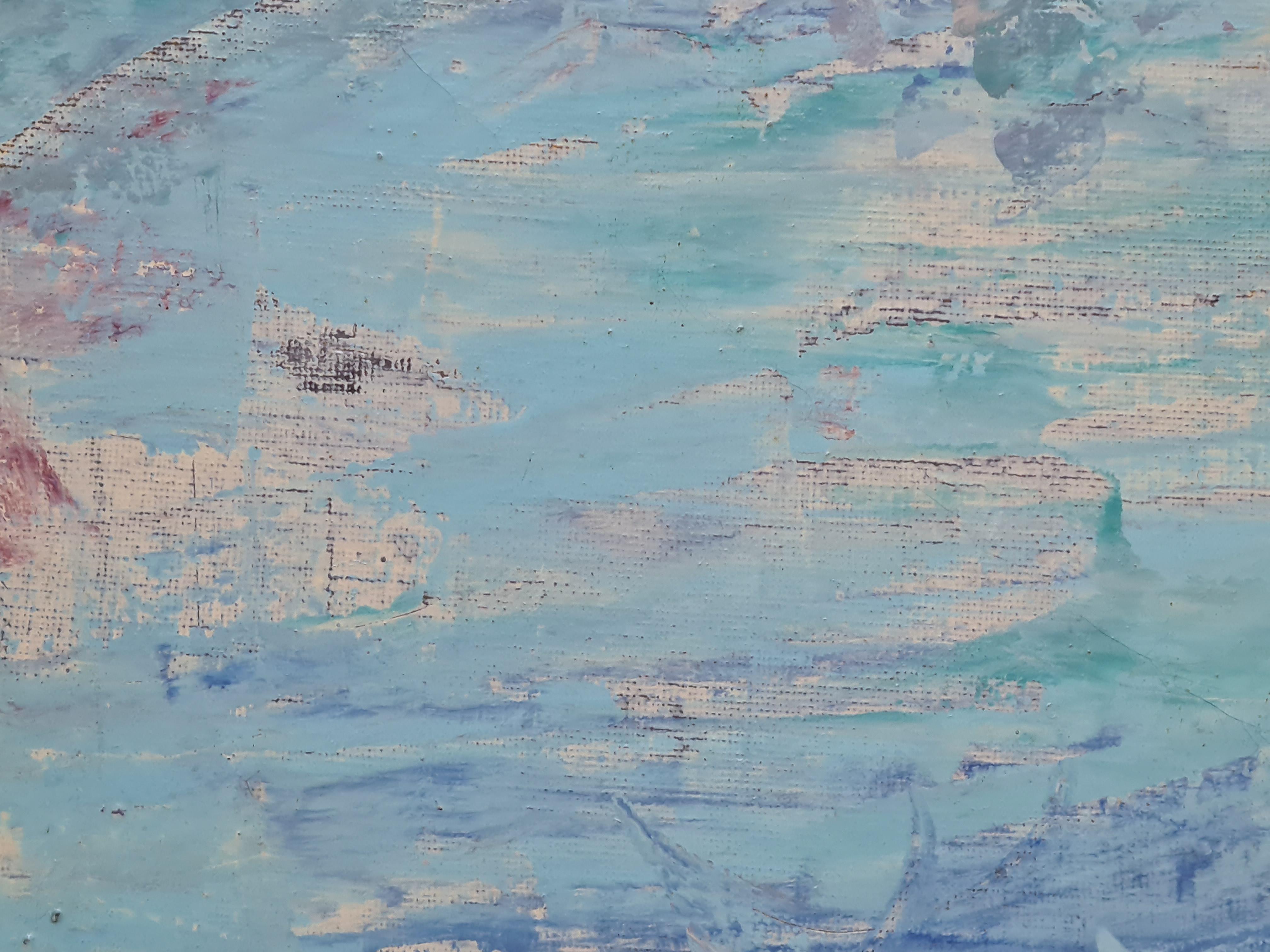 Mitte des 20. Jahrhunderts Französisch Expressionist Öl auf Leinwand von einem See in seiner gefrorenen Landschaft von Jacques Pinon. Das Gemälde ist unten rechts signiert, auf dem Keilrahmen betitelt und auf der Rückseite der Leinwand