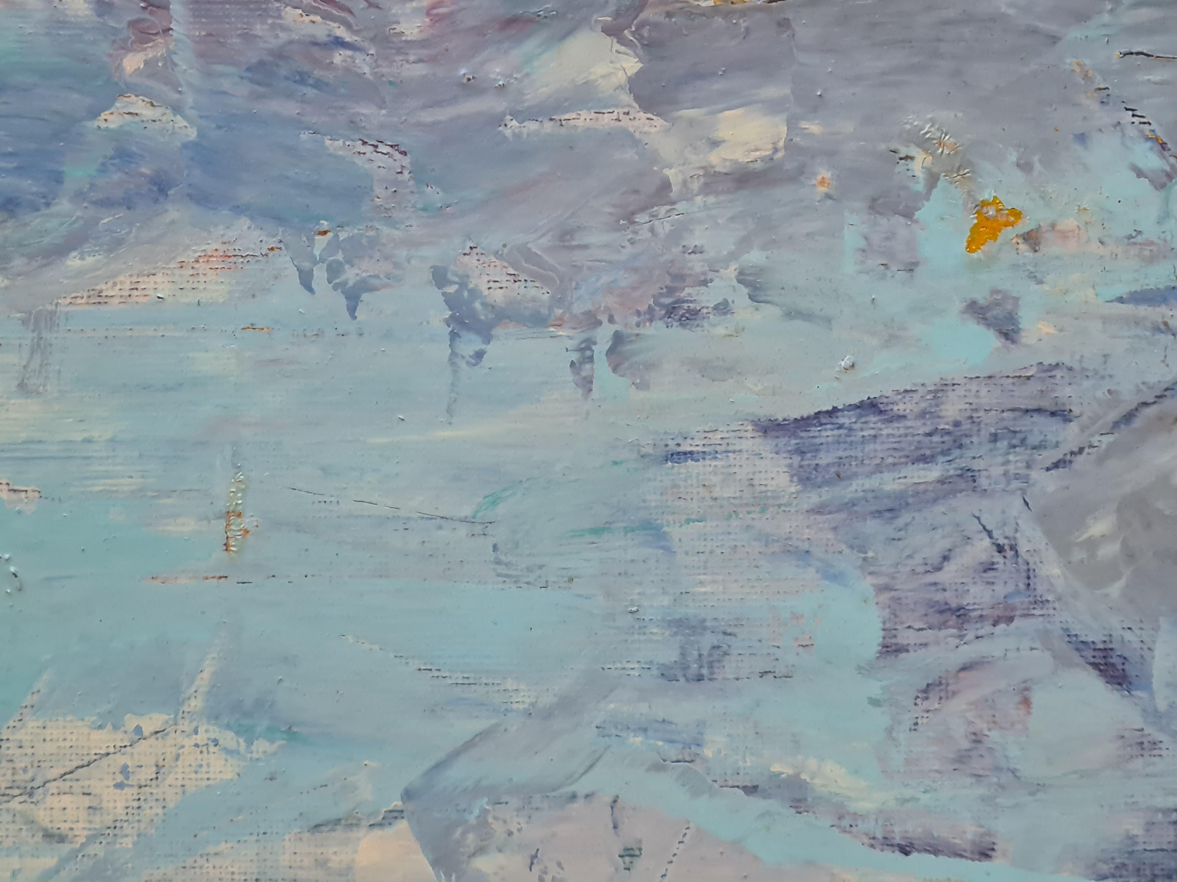 Huile sur toile expressionniste française du milieu du 20e siècle représentant un lac dans son paysage gelé par Jacques Pinon. Le tableau est signé en bas à droite et est titré sur le châssis et signé au dos de la toile.

Pinon s'est distingué en