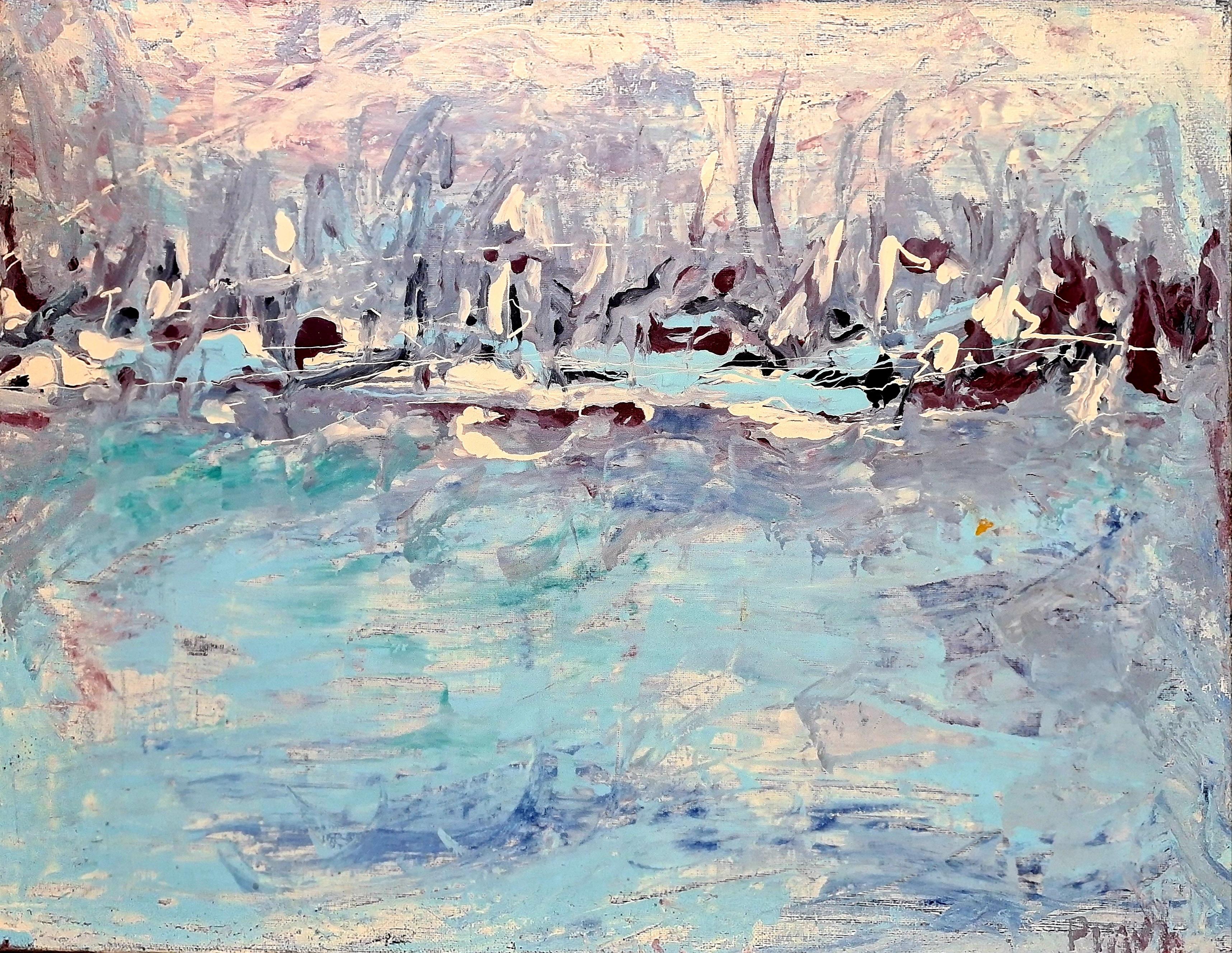 Froid du l'Etang, huile sur toile expressionniste française, paysage de lac 