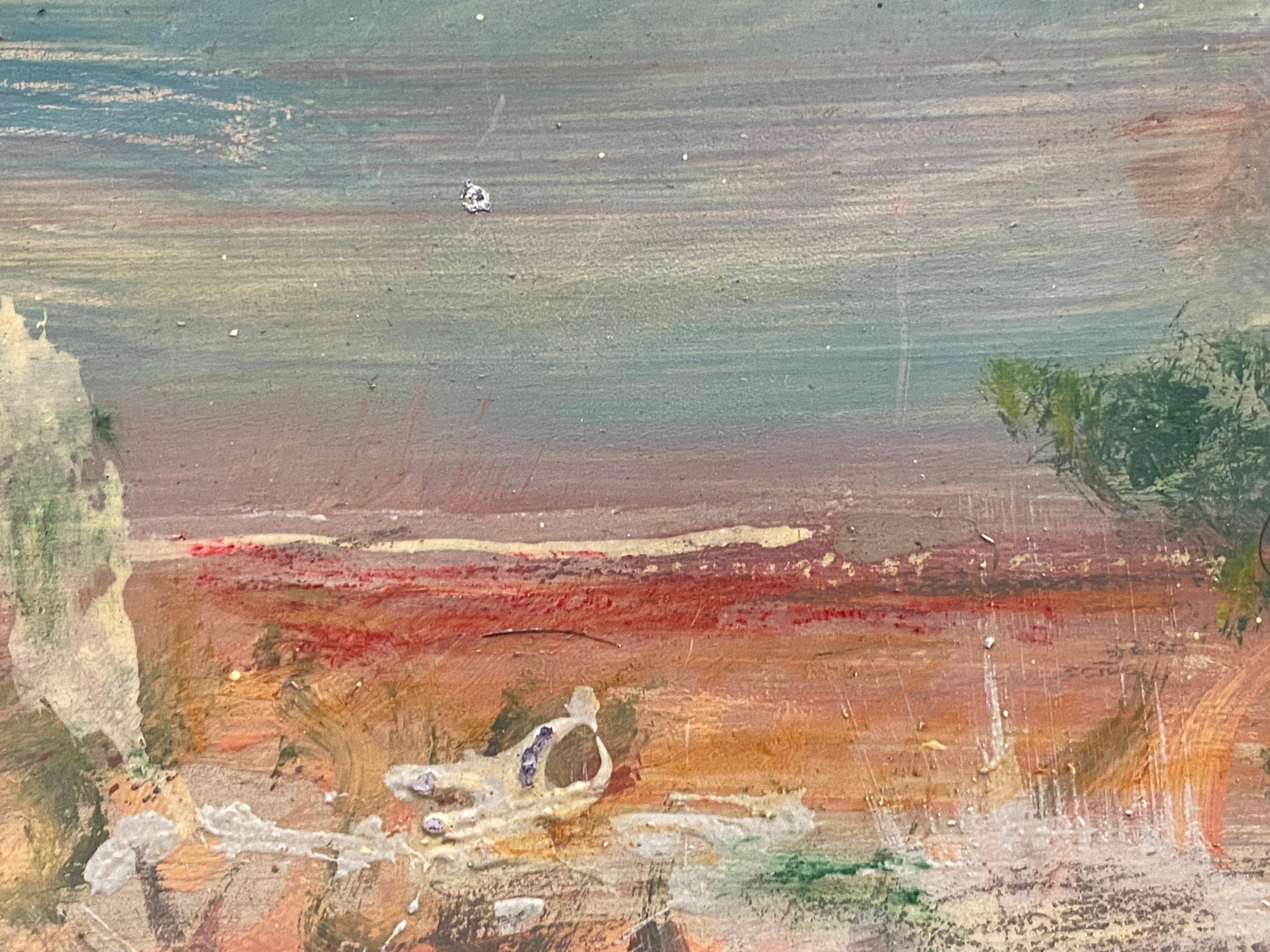Künstler/ Schule/ Datum:
Jacques Pinon, Französische Schule, Ende des 20

Titel:
Expressionistische Landschaftskomposition

Medium & Größe:
ölgemälde auf Karton: 4.25 x 8 Zoll, ungerahmt.
Unterzeichnet 

Zustand:
das Gemälde ist in gutem