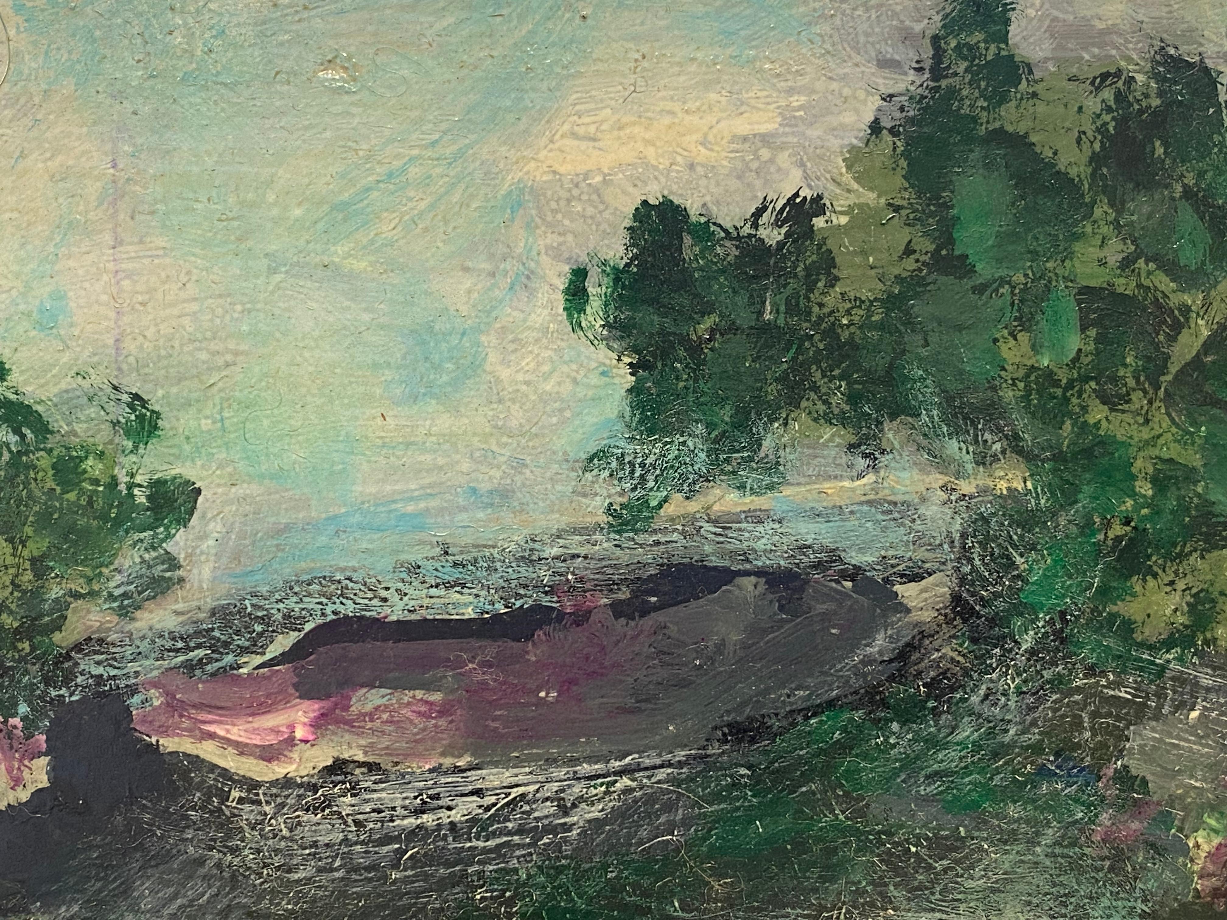 Artist/ School/ Date:
Jacques Pinon, French School, late 20th century

Title:
Expressionist landscape composition

Medium & Size:
oil painting on board: 5 x 9 inches, unframed.
inscribed verso, dated 1989

Condition:
the painting is in