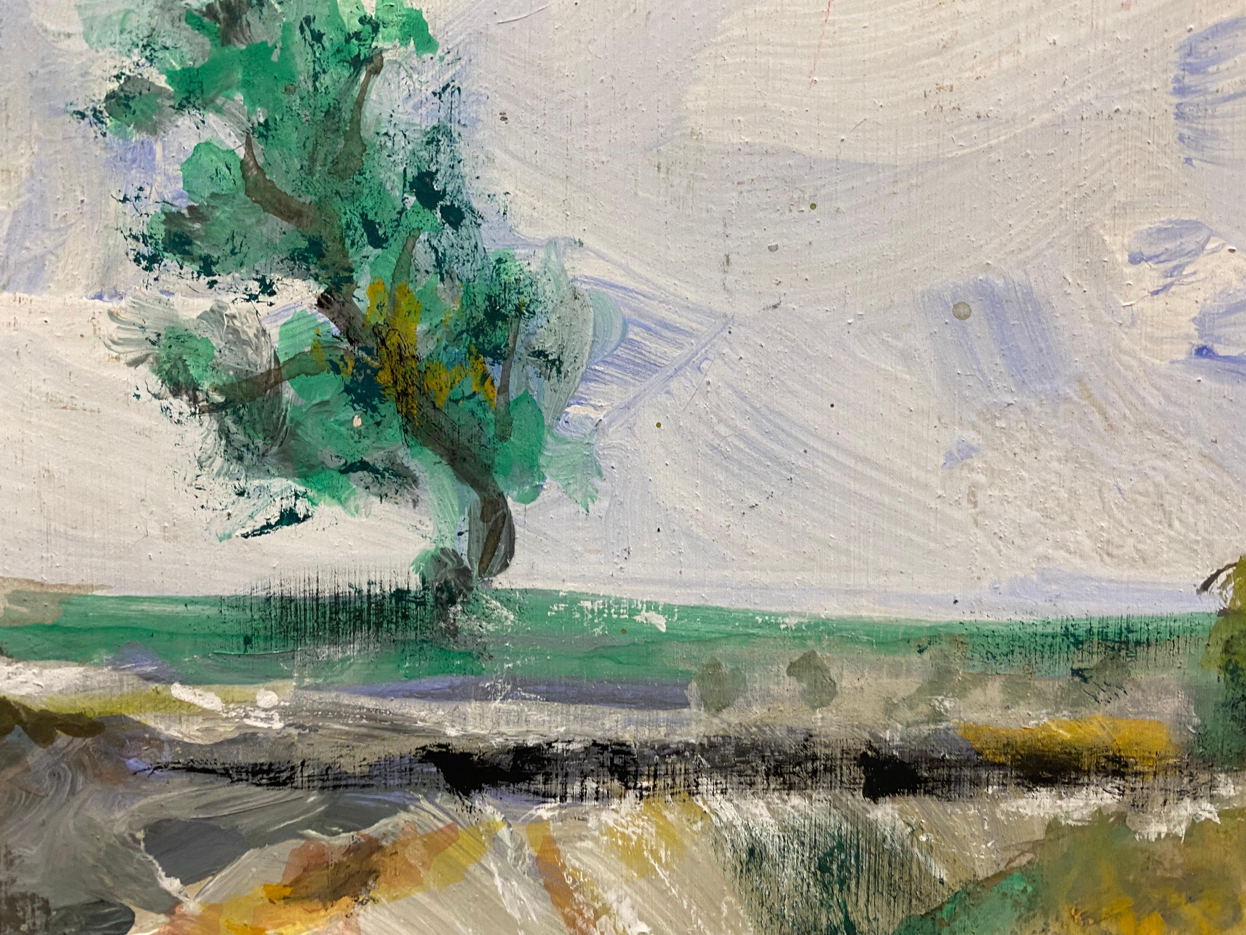 Künstler/ Schule/ Datum:
Jacques Pinon, Französische Schule, Ende 20. Jahrhundert, signiert

Titel:
Expressionistische Landschaftskomposition

Medium & Größe:
Ölgemälde auf Karton: 5,75 x 9,75 Zoll, ungerahmt.
Unterzeichnet