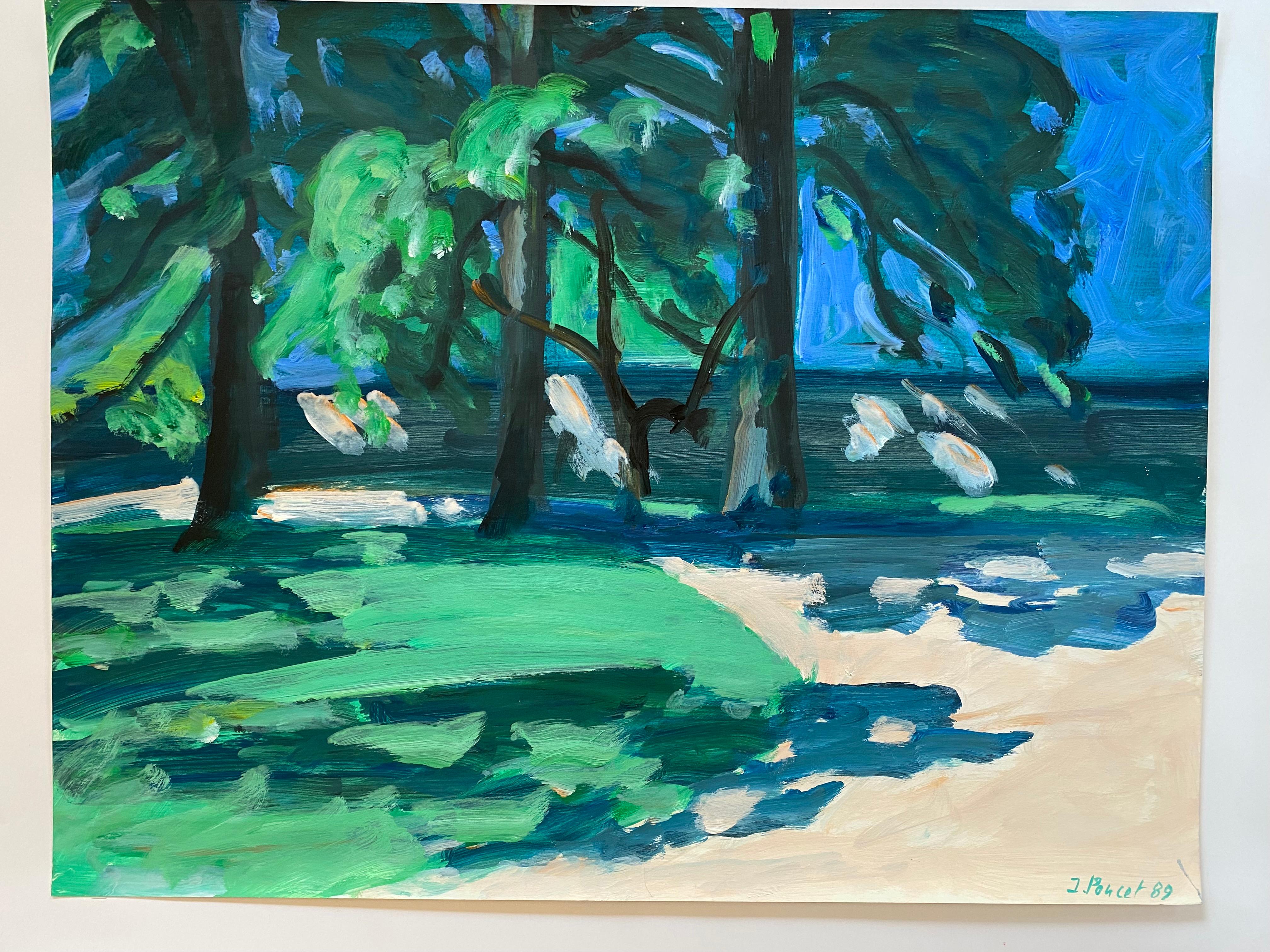 Jacques Poncet ( 1921-2012) 'la terrasse ombragée '  Acryl auf Leinwandpapier (Ende des 20. Jahrhunderts) im Angebot