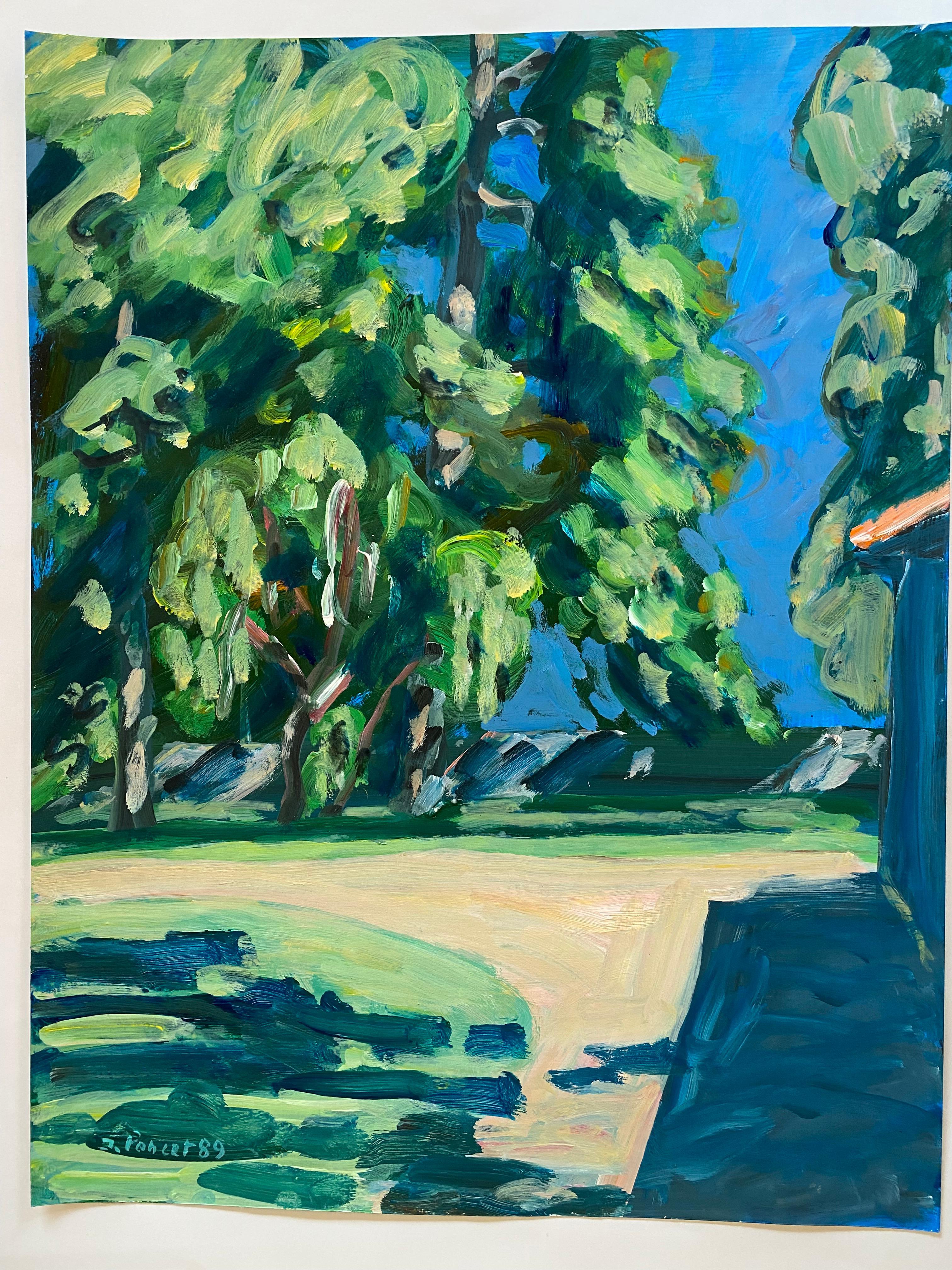 Jacques Poncet ( 1921-2012)
The trees behind the house 
Acrylic on canson paper 
Signed lower left and dated 89
H 64,5 x W 50 cms 
490 euros
Ref PM/ 12