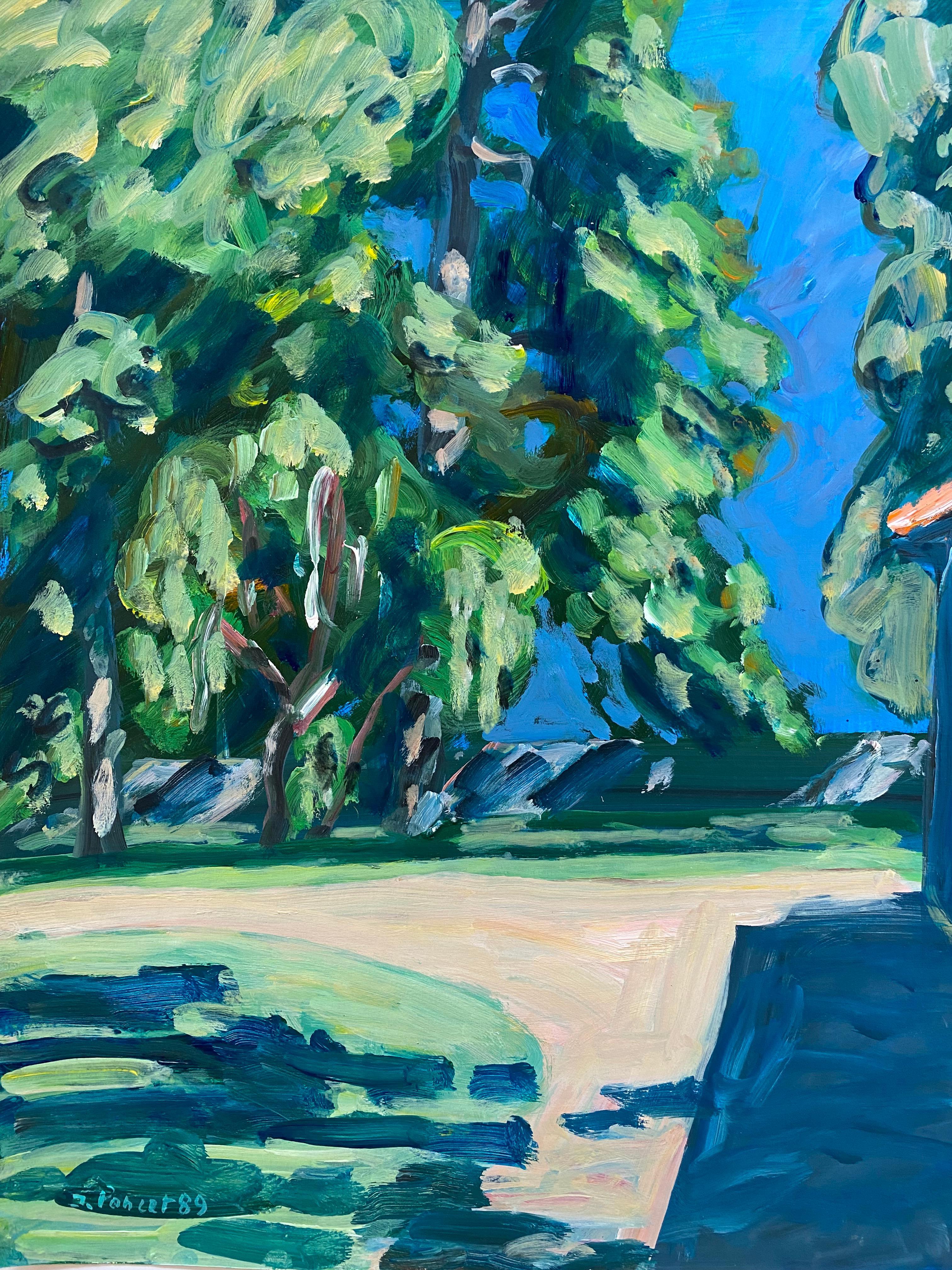 Jacques Poncet ( 1921-2012) The trees behind the house  Acrylic on canson paper In Good Condition For Sale In Saint ouen, FR