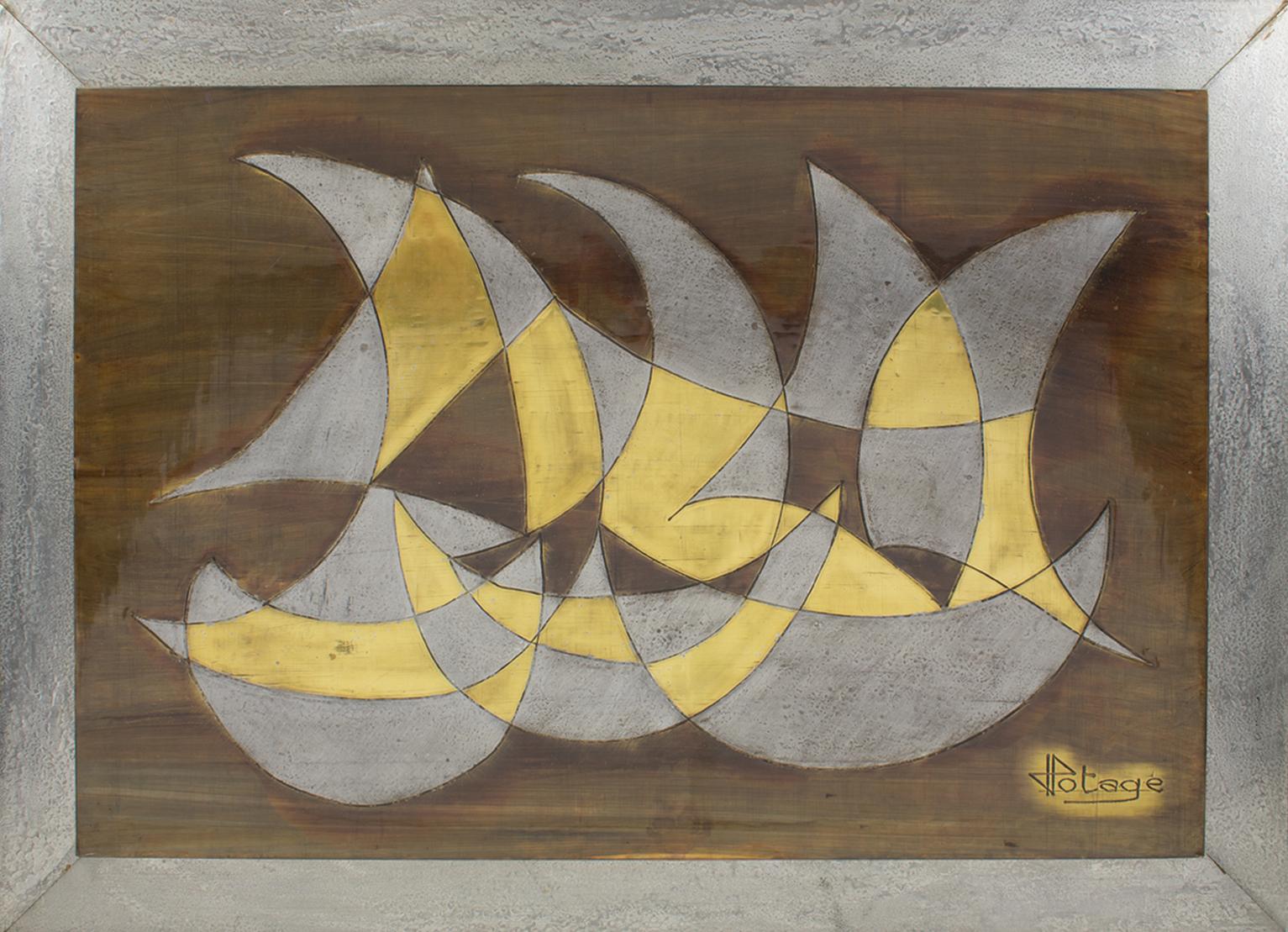 Stunning handcrafted French brutalist metal wall art sculpture panel by Jacques Potage (1931 -). Mounted on a wood plank covered with textured pewter, the metal panel features a stylized set of sailboats in abstract mixed metal modernist-inspired