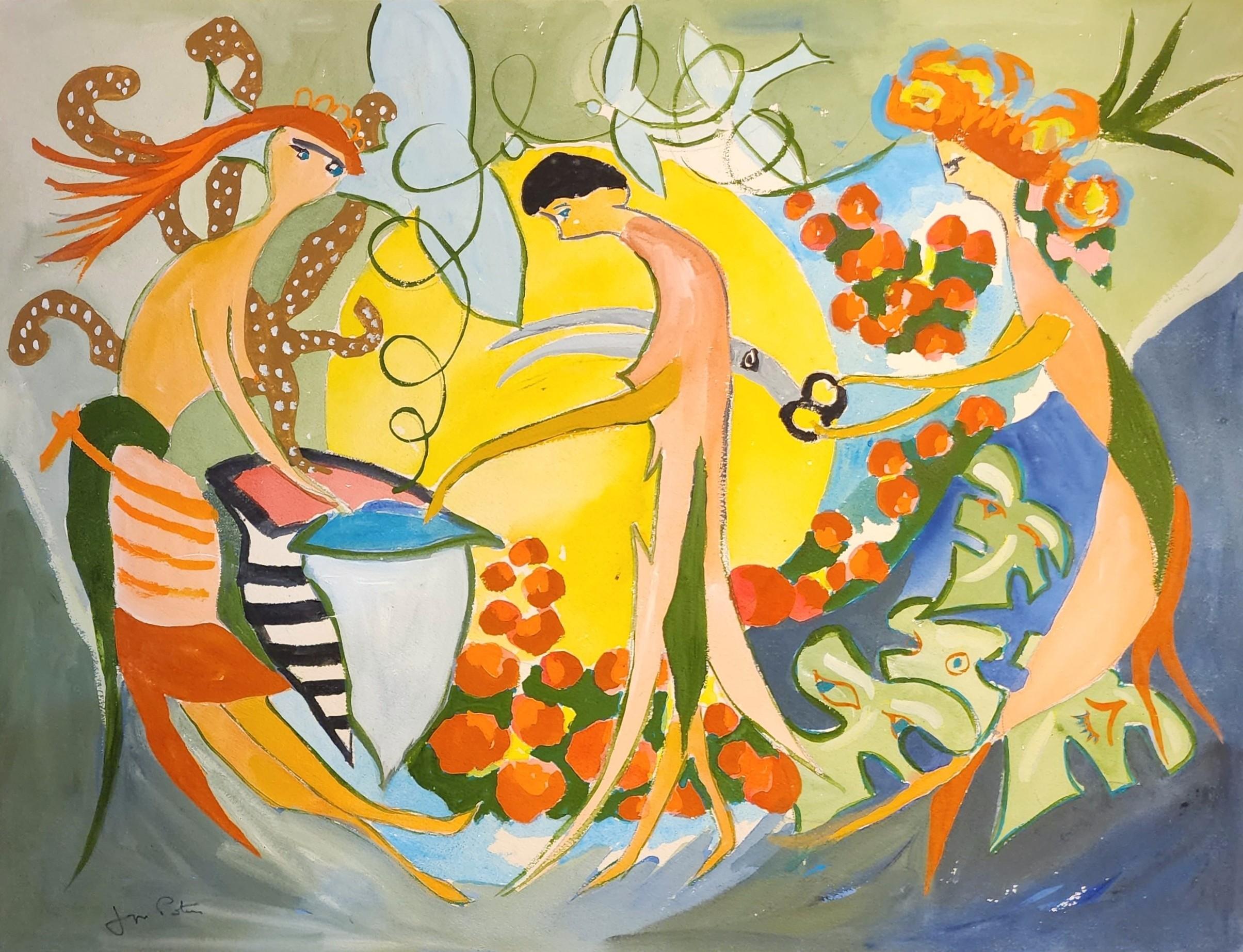 les 3 grâces, 1969 Gouache auf Papier, farbenfroh, Francoise Gilot – Painting von Jacques Potin