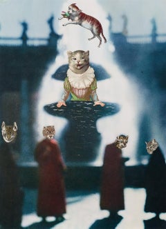 La Fontaine aux Chats Surrealist Collage on Paper, Framed, 1960s