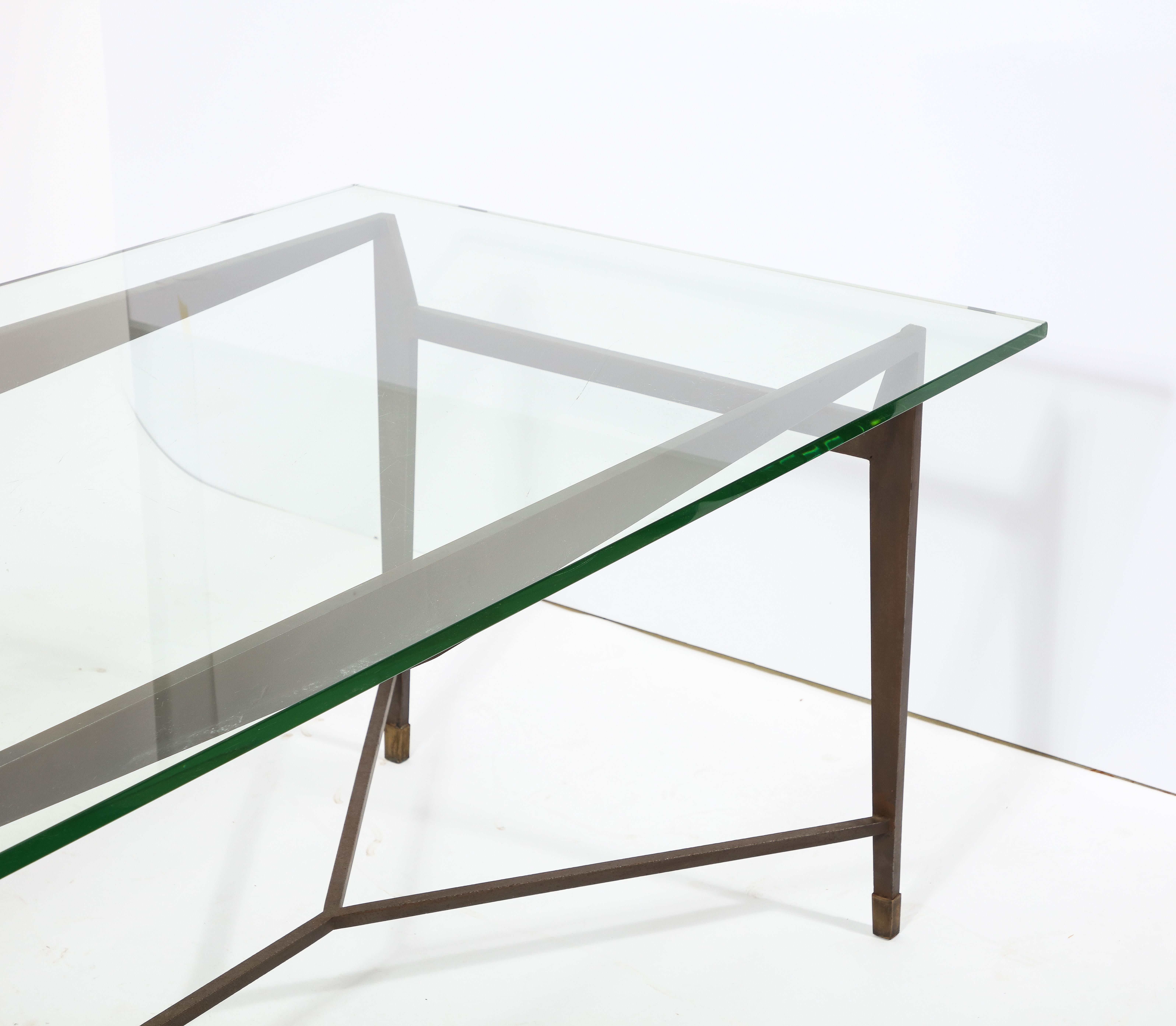 Jacques Quinet Dining Table in Wrought Iron & Saint Gobain Glass, France 1950's For Sale 11