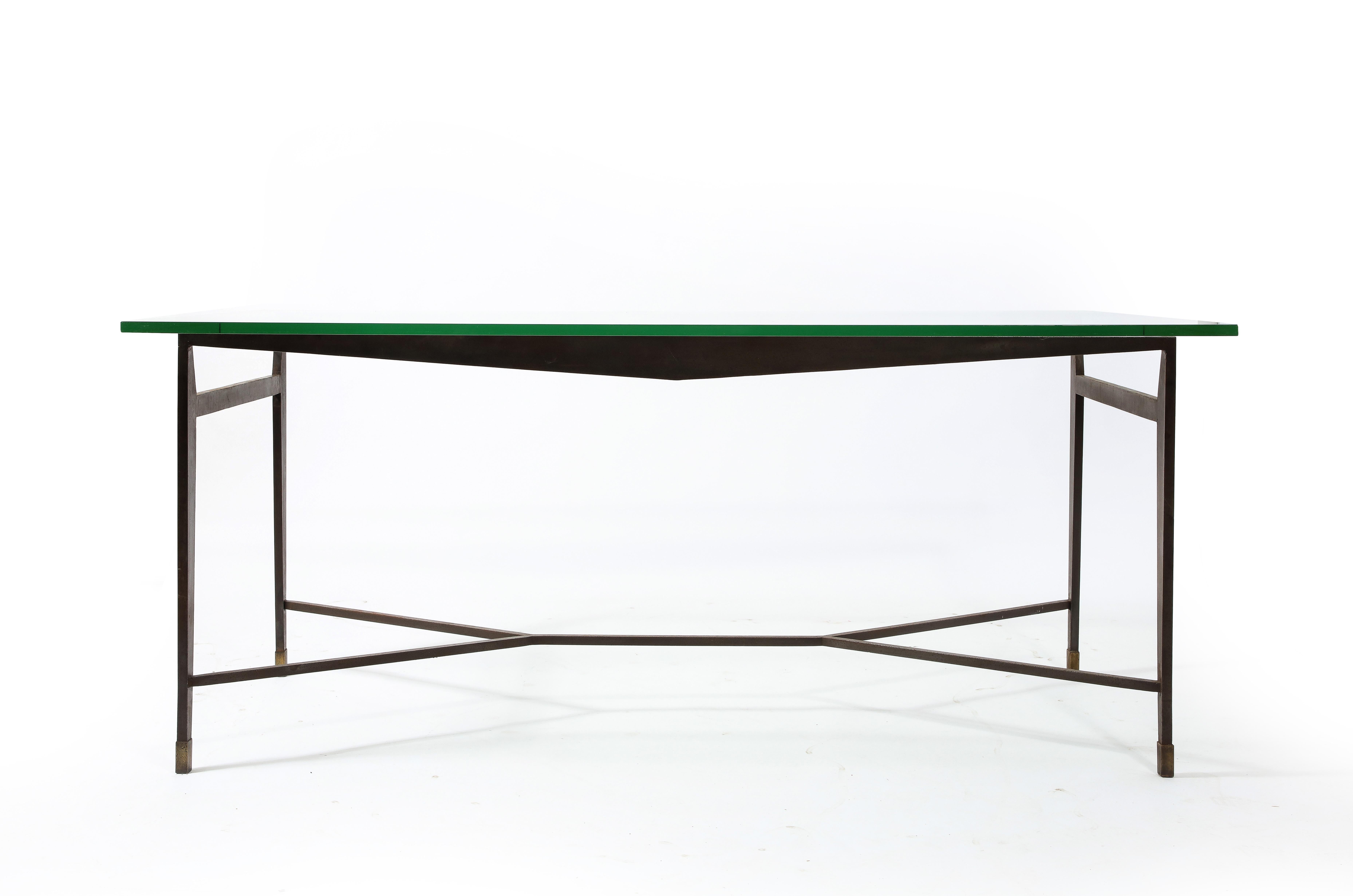 Jacques Quinet Dining Table in Wrought Iron & Saint Gobain Glass, France 1950's In Good Condition For Sale In New York, NY