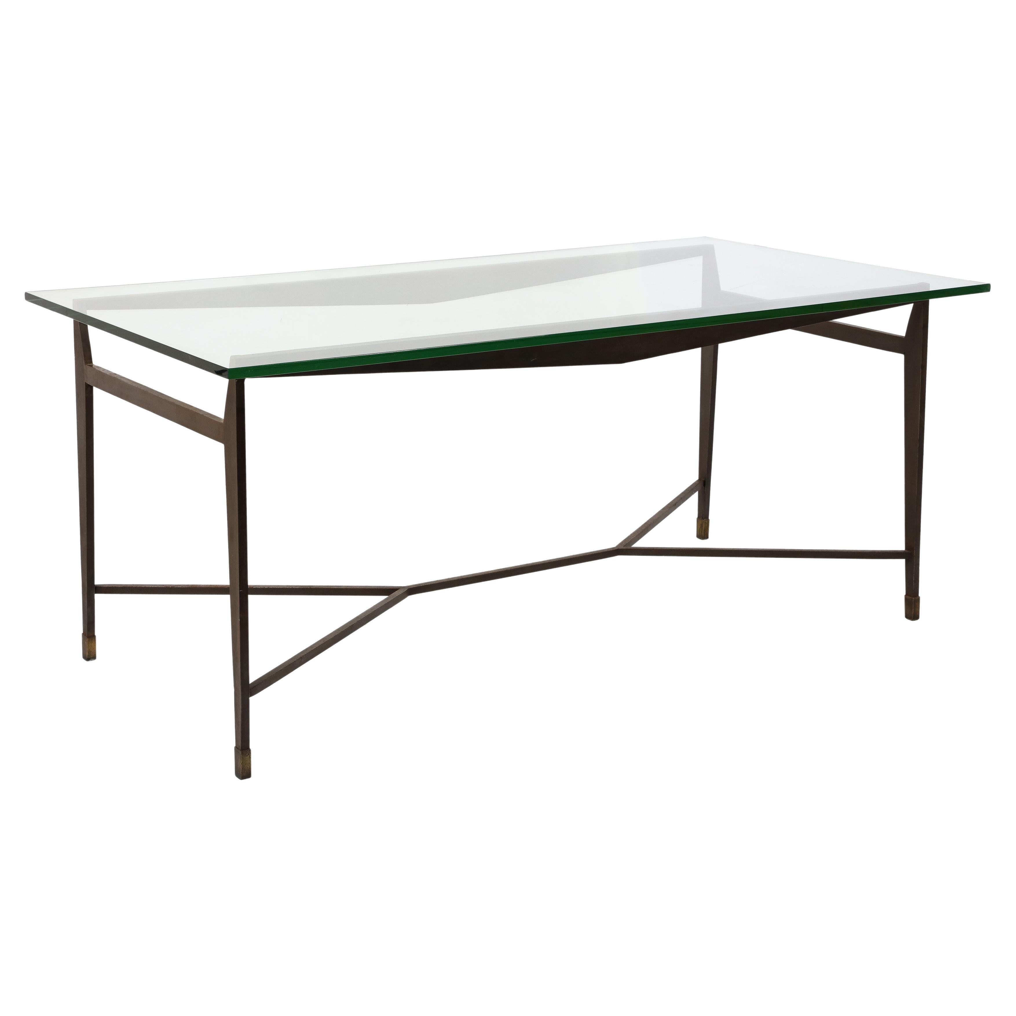 Jacques Quinet Dining Table in Wrought Iron & Saint Gobain Glass, France 1950's For Sale