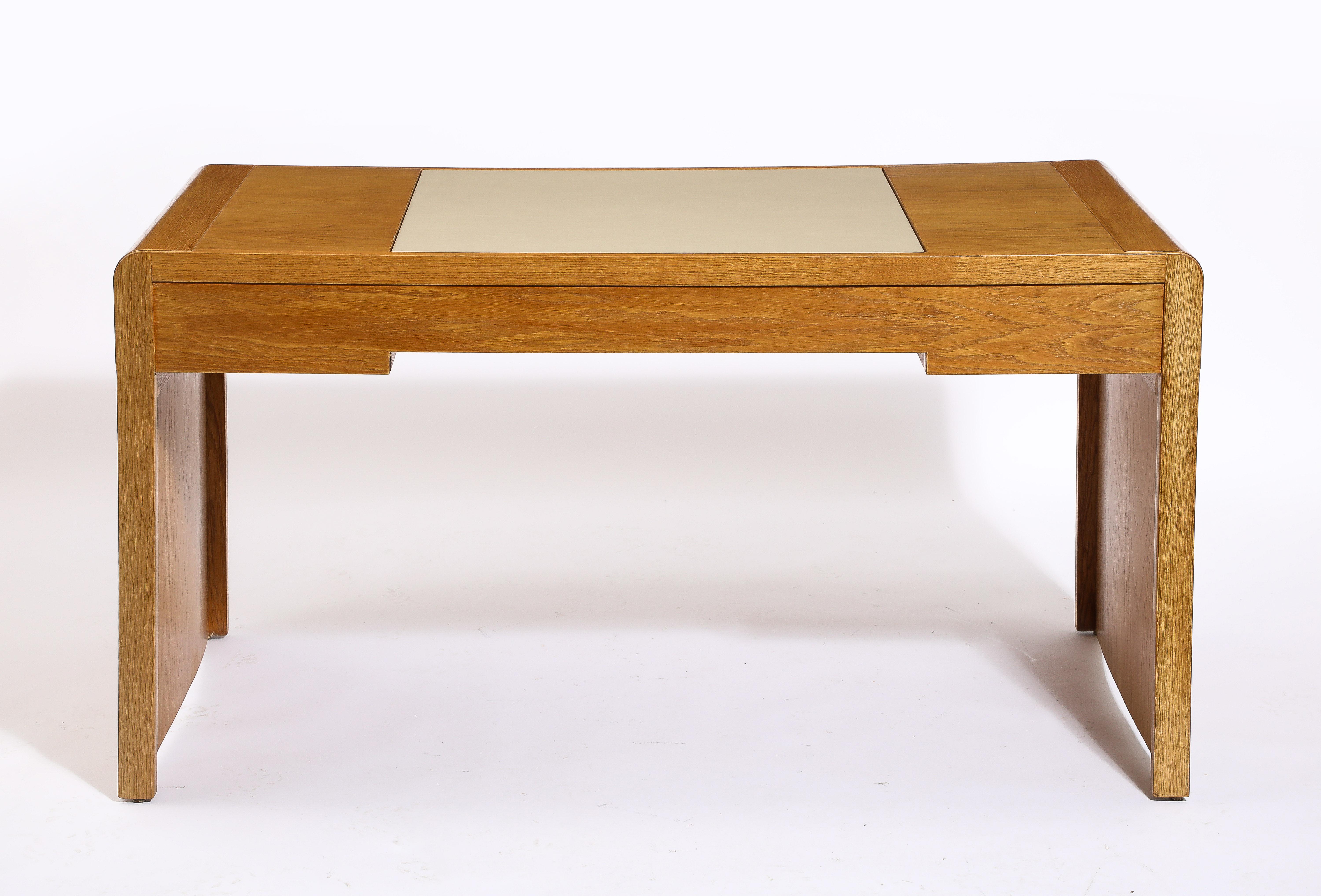 Jacques Quinet Oak and Leather Waterfall Desk, France 1960's For Sale 8