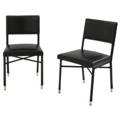 Jacques Quinet pair of saddle-stitched leather brass side chairs 1950