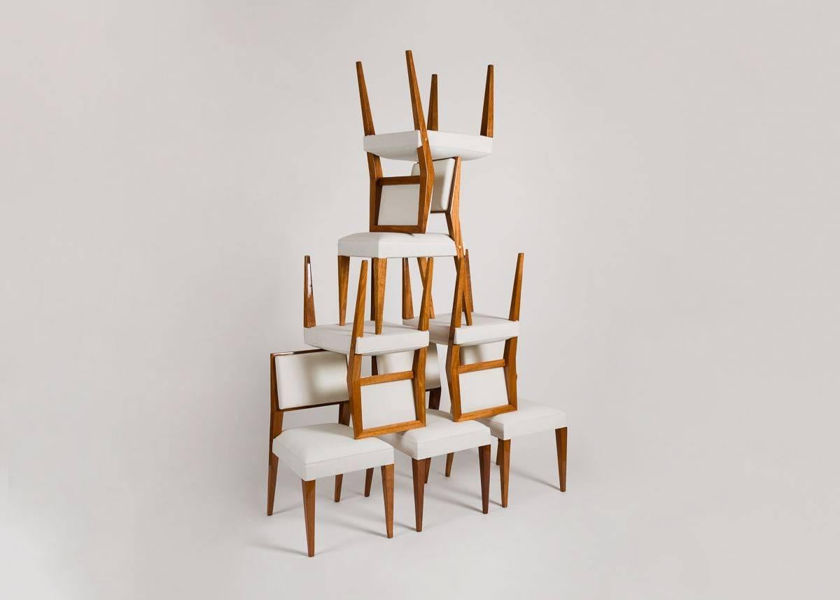Jacques Quinet, Set of Eight Blond Mahogany Dining Chairs, France, circa 1950s 4