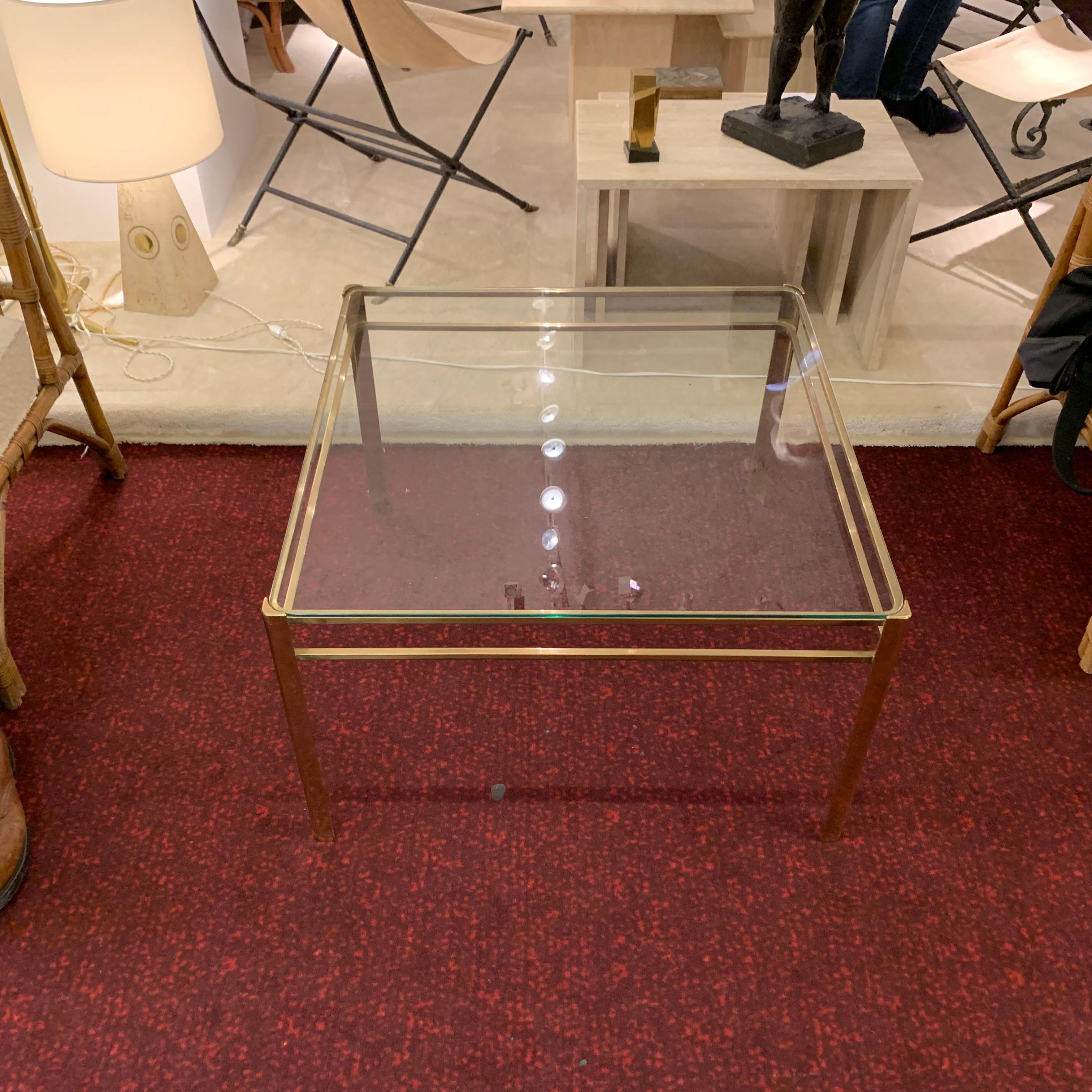 French Jacques Quinet Brass and Glass Square Coffee Table, France, 1940s For Sale
