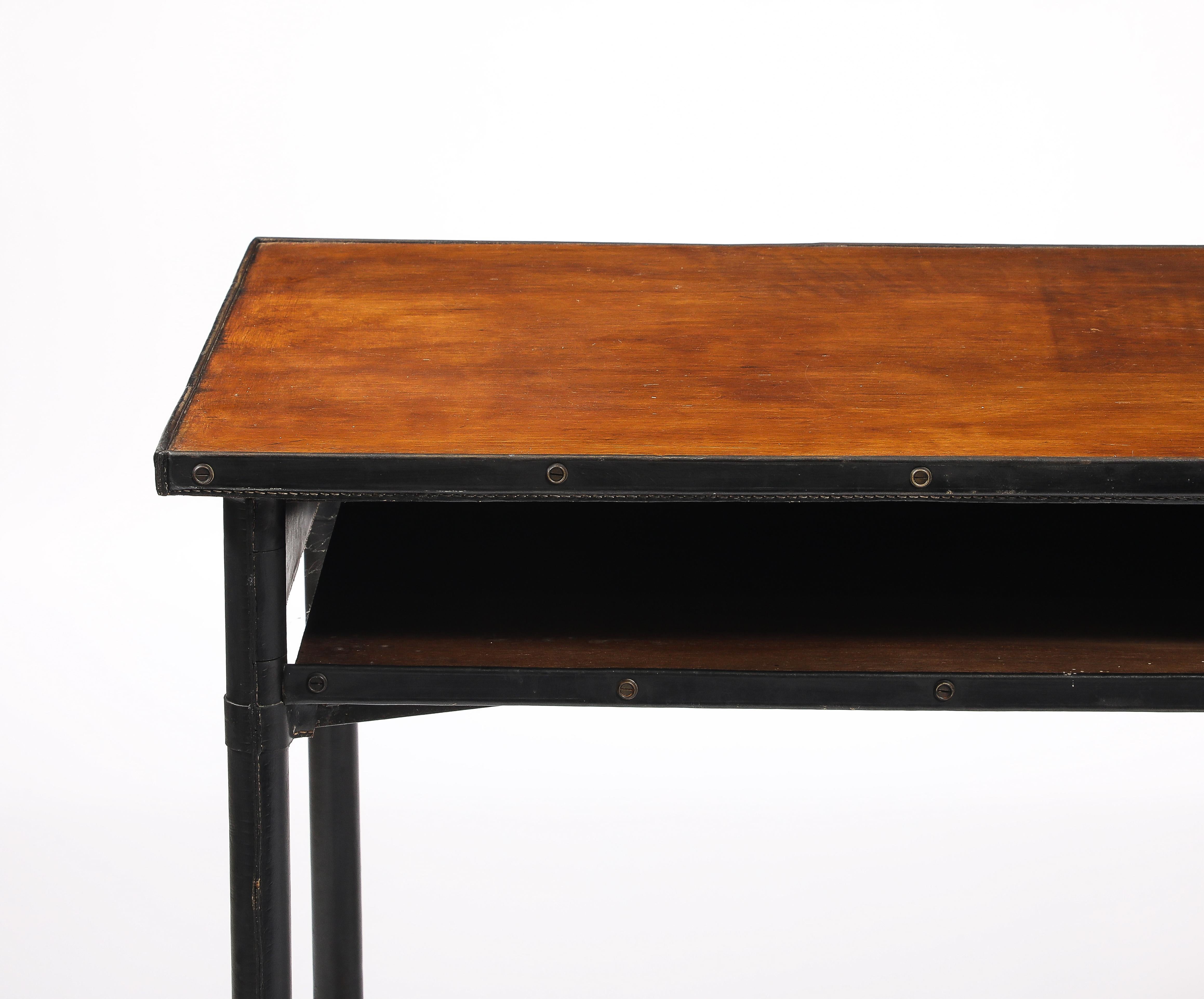 Pelle Jacques Quinet Two Tiered Desk, France 1950's in vendita