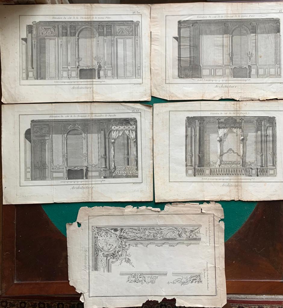 Beautiful set of 5 engravings by Jacques Renaud Bernard representing the parade hall and the apartments of the Duchess of Orleans at the Royal Palace in Paris, architectural ensemble designed by the architect of Louis XV Pierre Contant D'Ivry. The