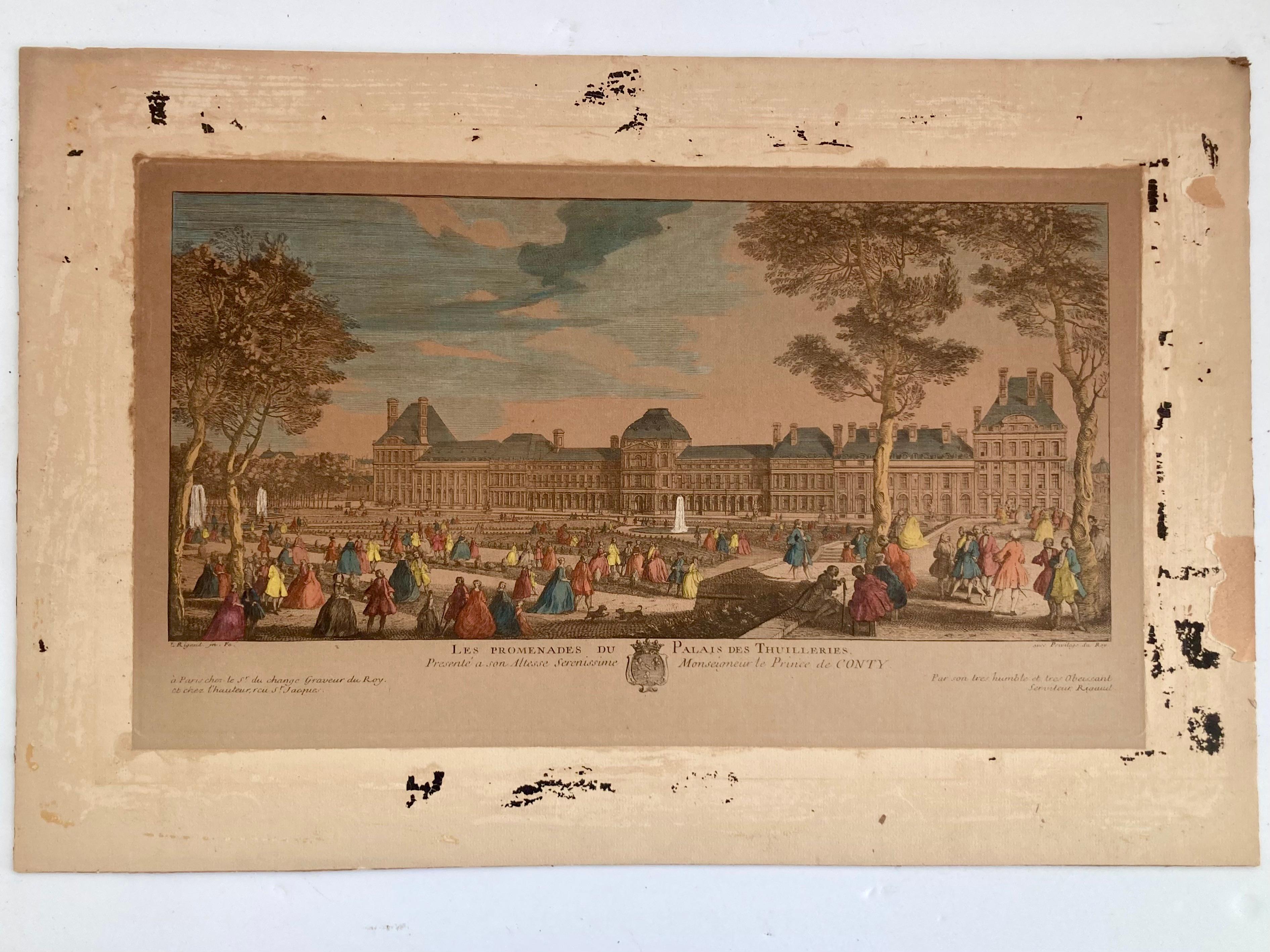 French 18th Century Jacques Rigaud engraving of Palais Des Thuilleries. The dimension is the sight of the image. This item is ready to be framed to your liking and style. We have several other images available, so collect all of them and frame