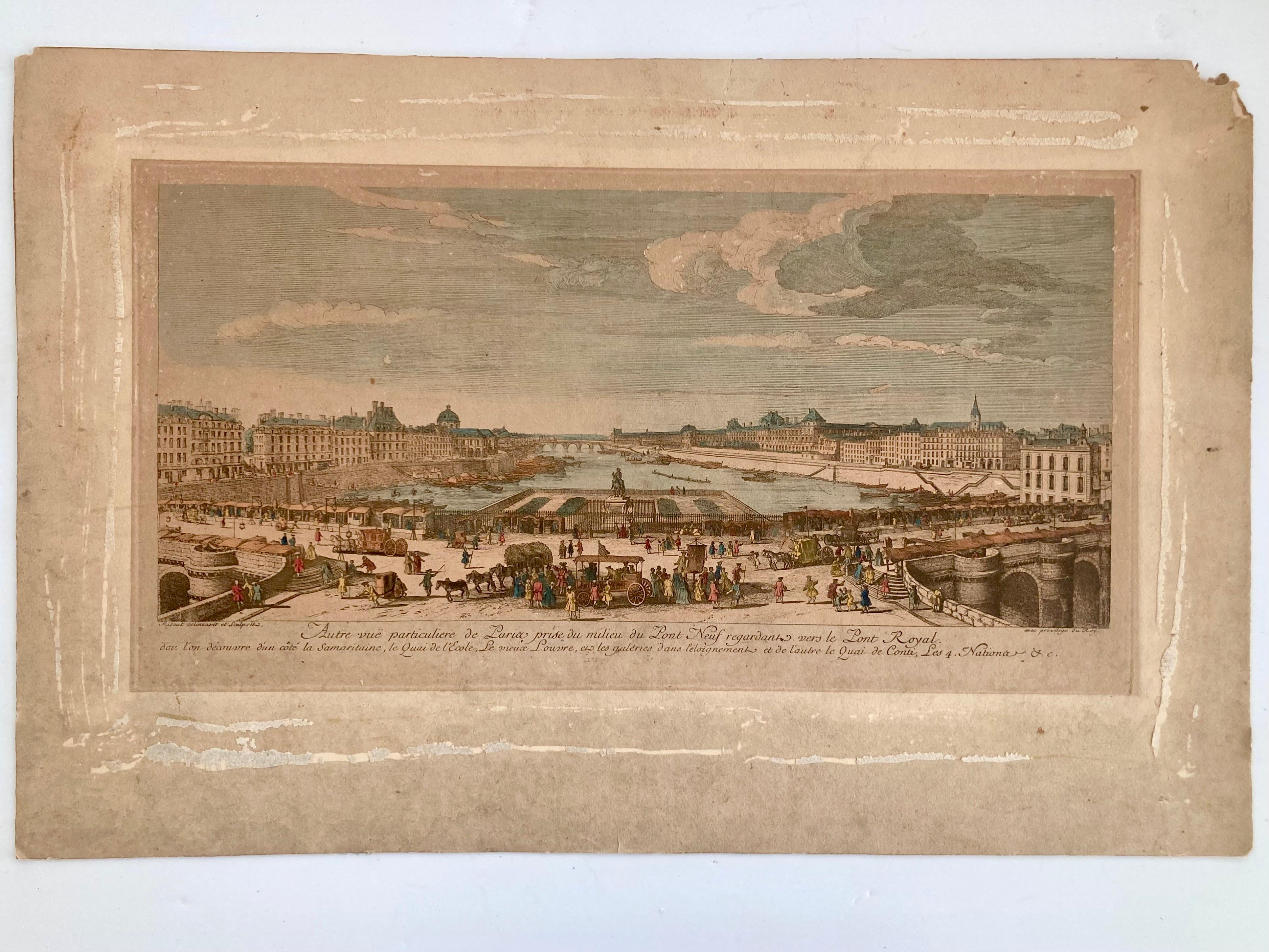 Jacques Rigaud, französischer Kupferstich der Pont Neuf aus dem 18. Jahrhundert. Die Dimension ist der Anblick des Bildes. Dieser Artikel kann nach Ihrem Geschmack und Stil gerahmt werden. Wir haben noch mehrere andere Bilder zur Verfügung, die Sie