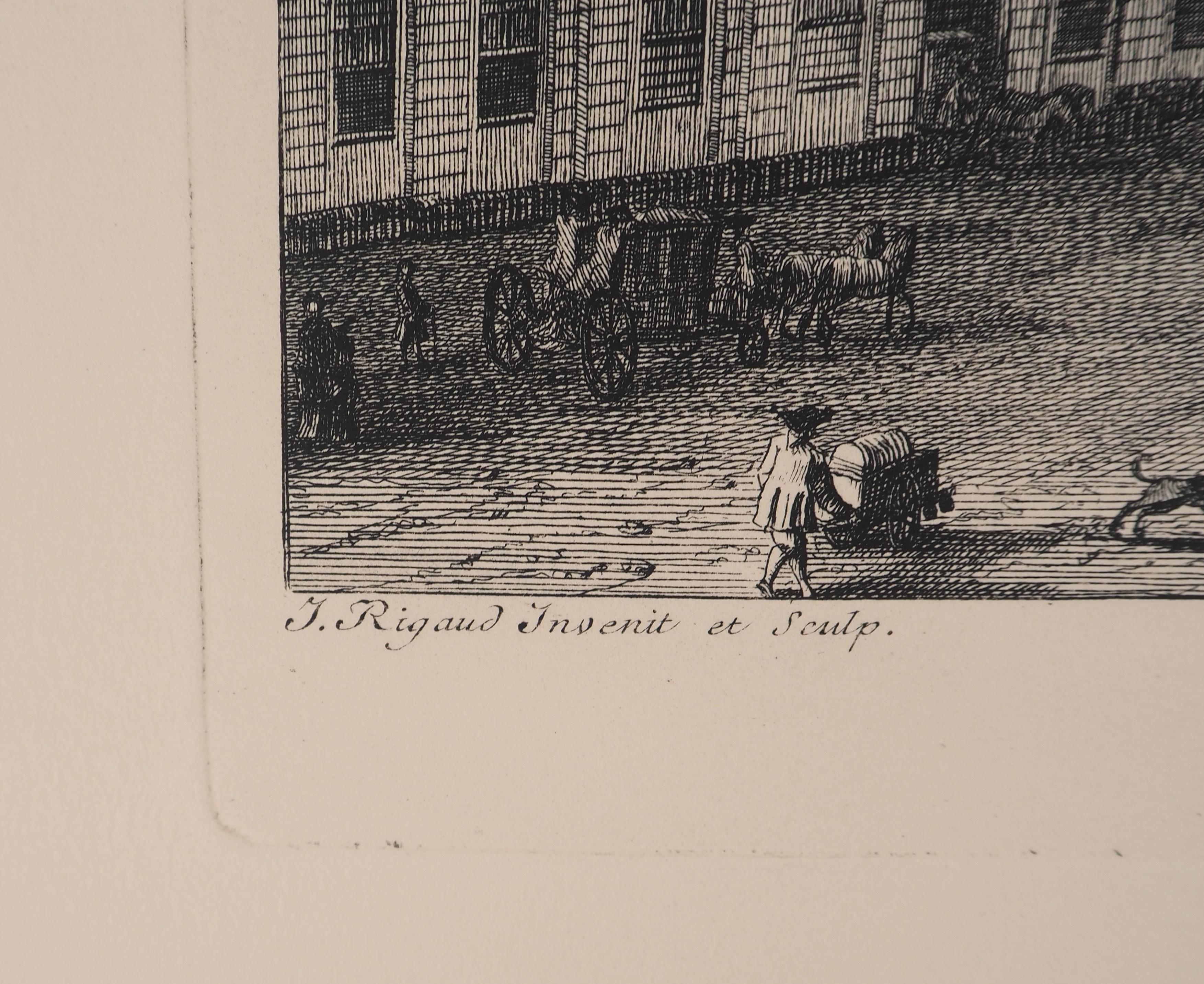 Parigi: Place Louis-le-Grand, ora Place Vandôme - Incisione originale, firmata - Print Altro stile artistico di Jacques RIGAUD